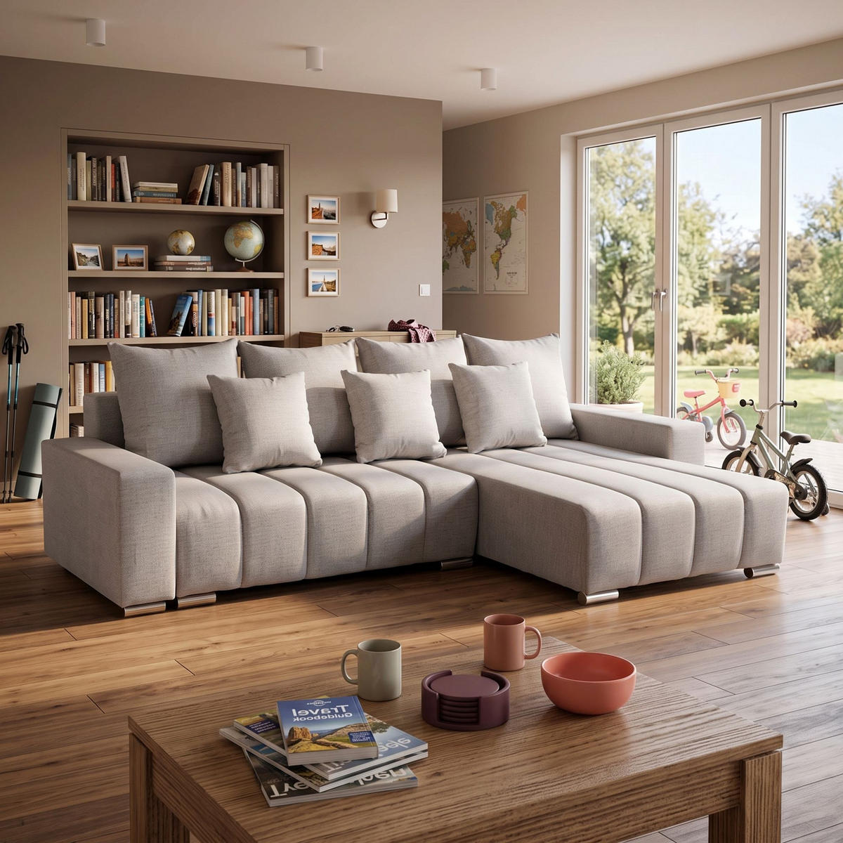 ECKSOFA Piano L Rechts mit Schlaffunktion 137x234 Velours Beige - Beige/Silberfarben, Holz/Textil (178/278cm) - Muffo