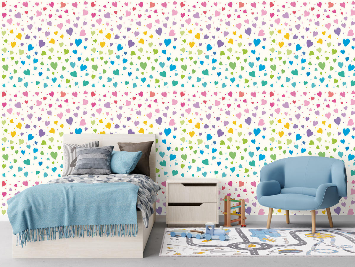 VLIESTAPETE Bunte Herzen im Boho-Stil – Bunt, Weiß – 50x1000 cm - Multicolor/Weiß, Papier (50/1000cm) - Muralo
