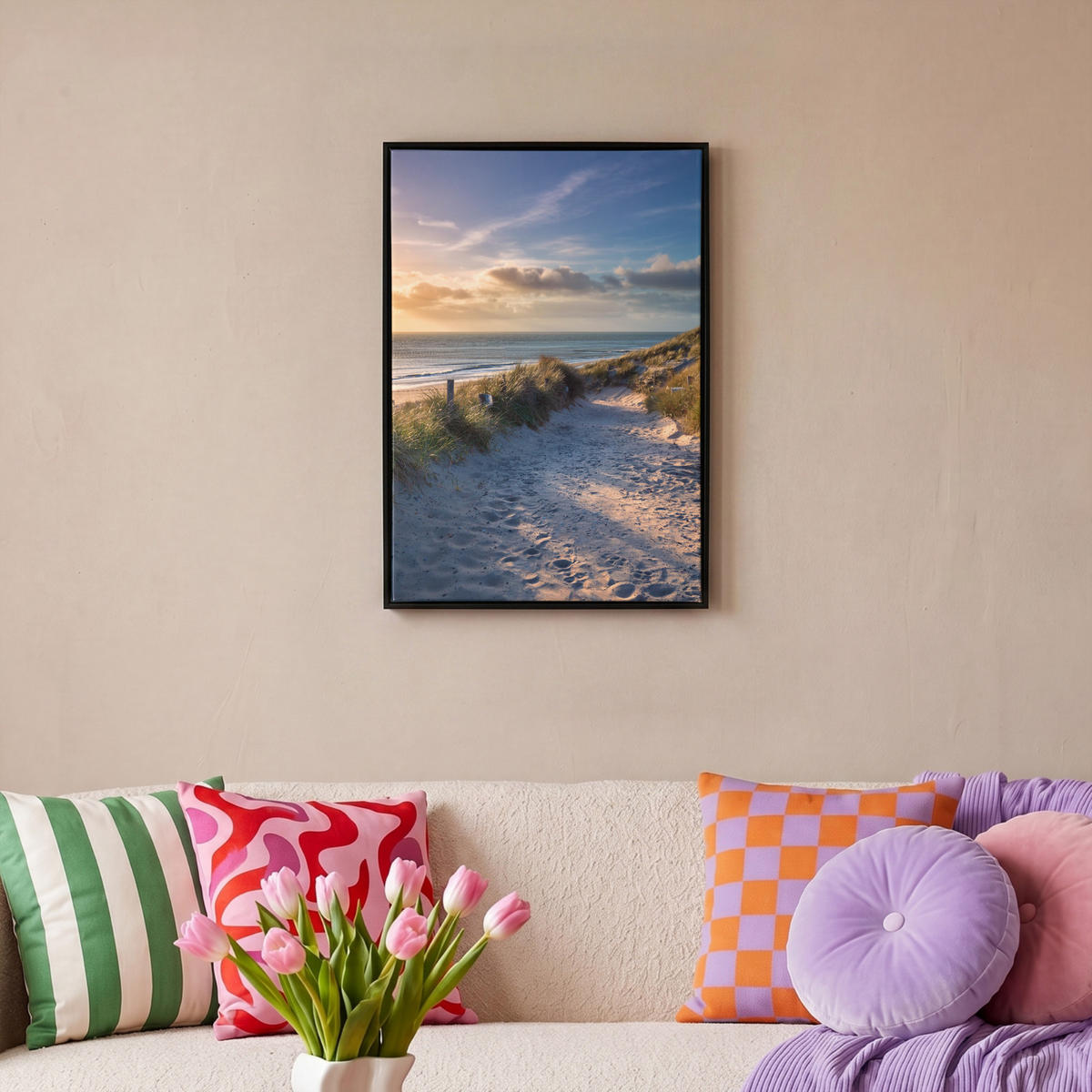 LEINWAND Bilder mit Rahmen - Sonnenuntergang - Strand - Düne - Gras - Ufer - 40x60 - Sandfarben, Textil (40/60cm) - MuchoWow