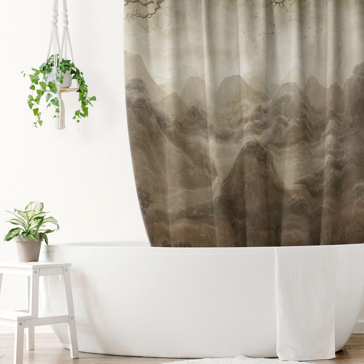 DUSCHVORHANG Blick durch Zweige auf die Berge braun 180/180 cm - Braun, Textil (180/180cm) - Bilderwelten