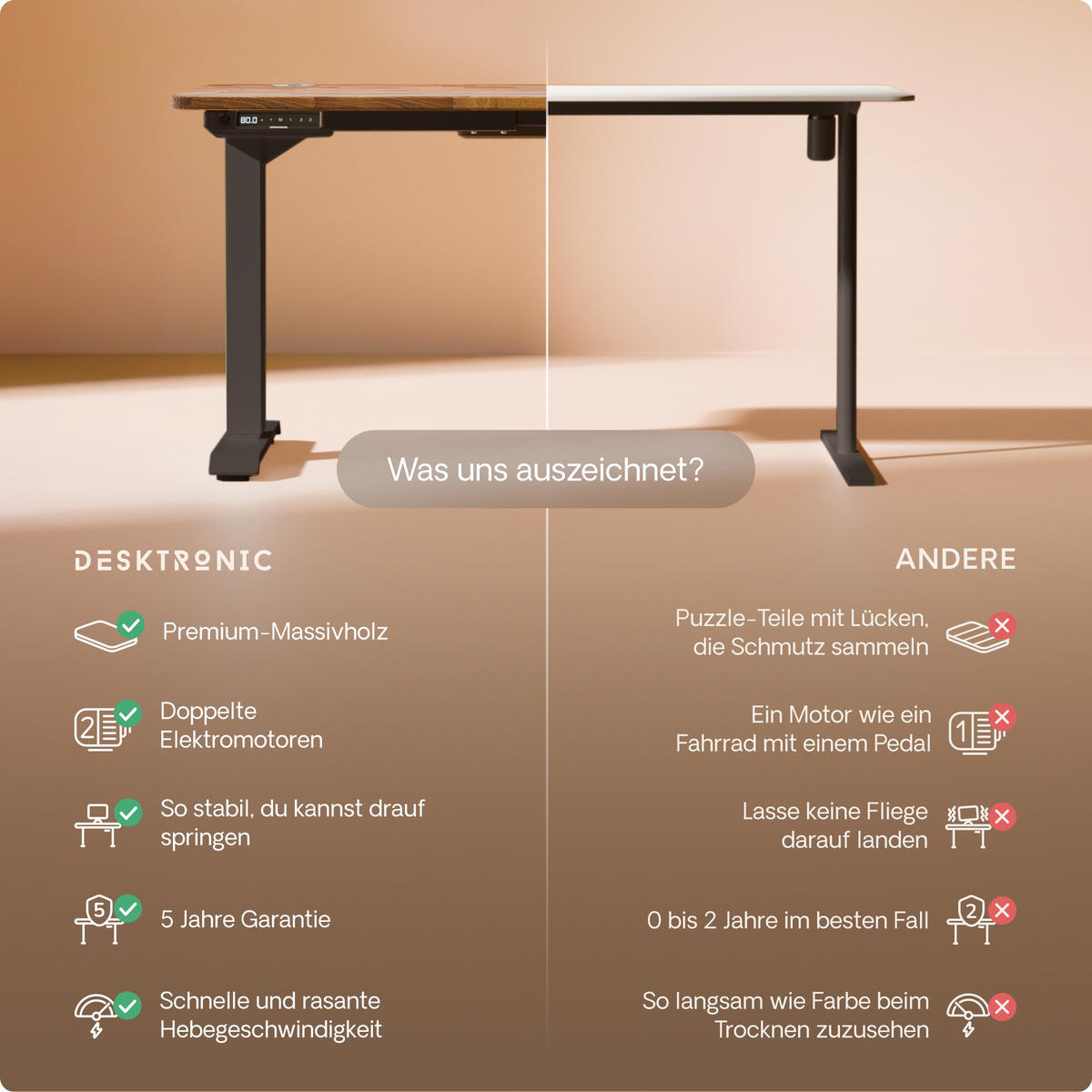 SCHREIBTISCH Elektrisch Höhenverstellbarer HomePro 120x60cm Schwarz/Massive Walnuss mit Memory-Funktion, Anti-Kollisions Technologie - Walnussfarben/Schwarz, Holz (60/120/63.5cm) - Desktronic