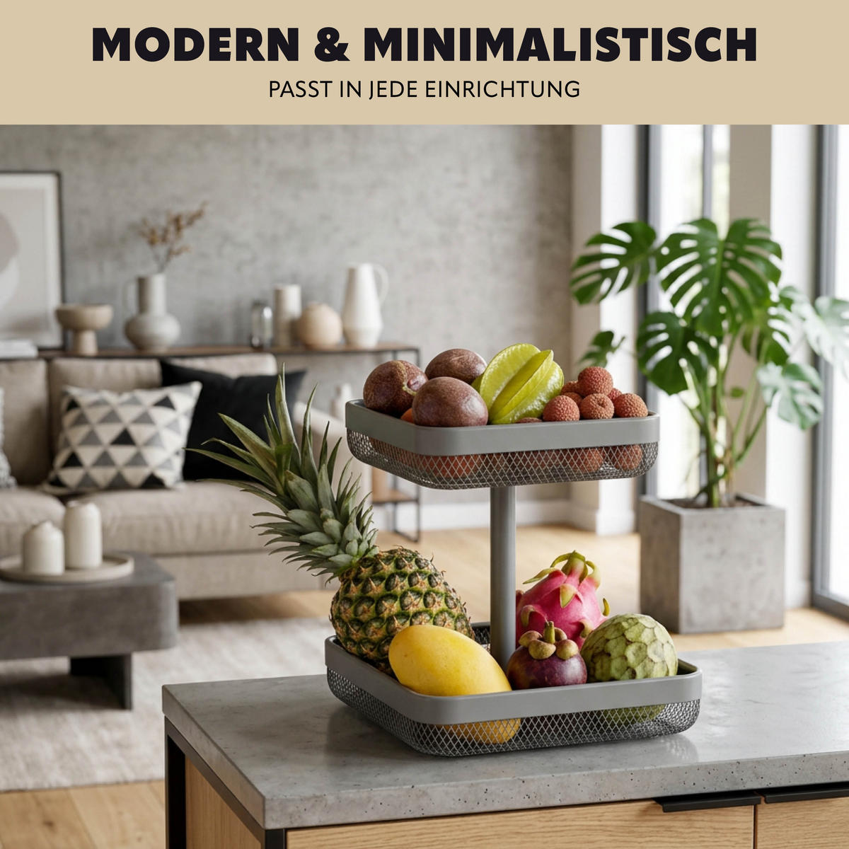 OBSTETAGERE eckig, 2-stöckig, 20 x 20 cm und 30 x 30 cm, grau, Metall - Grau, Metall (31cm) - eluno