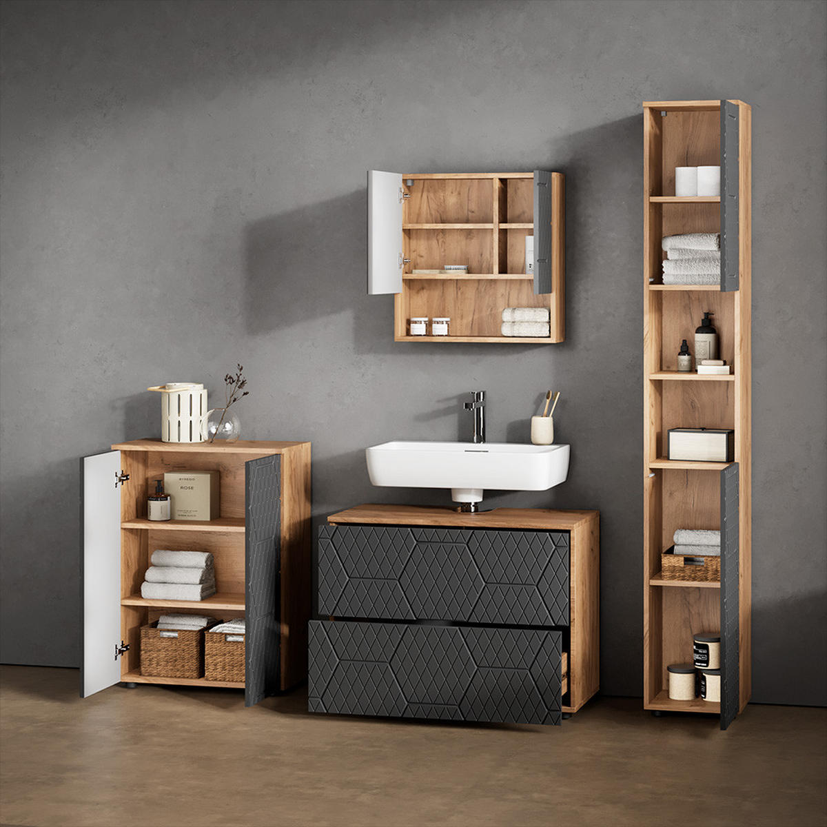 BADMÖBEL-SET Ronco Anthrazit gestreift 4 Teile, mit Schubladenschrank und Midischrank - Anthrazit/Eiche Wotan, Holzwerkstoff (80/58/41cm) - Livinity®