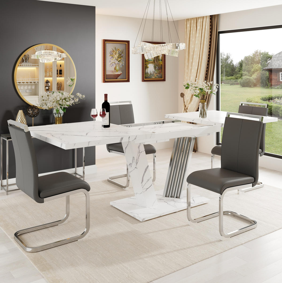 ESSTISCH aus MDF und Metall 120(160)x80x76 cm Weiß ausziehbar mit Marmordekor und flügelförmigem Gestell - Weiß, Holzwerkstoff (120/80/76cm) - Modfu