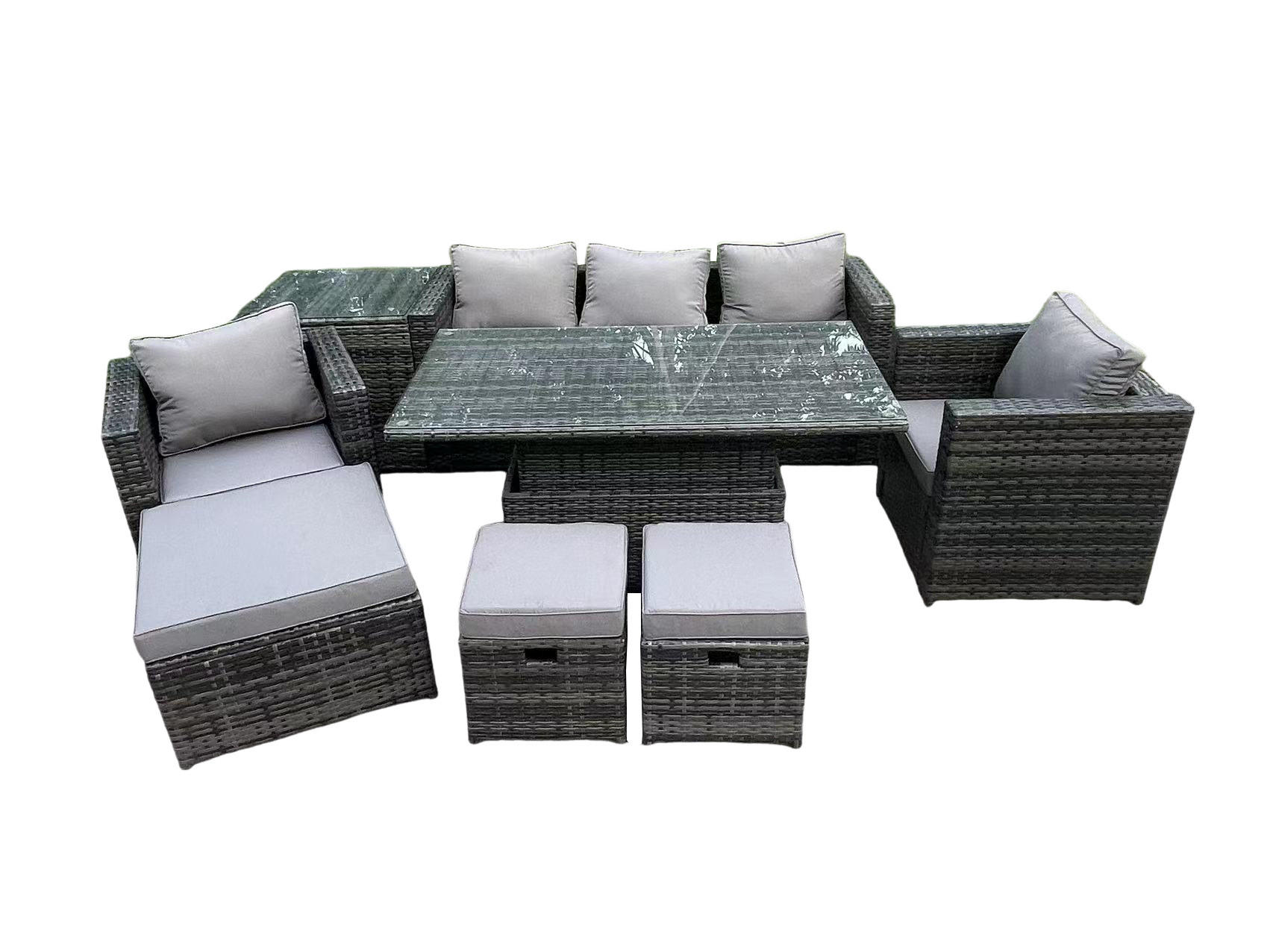 GARTENTISCHGRUPPE Polyrattan 8-Sitzer - Dunkelgrau/Grau, Glas/Kunststoff - Fimous