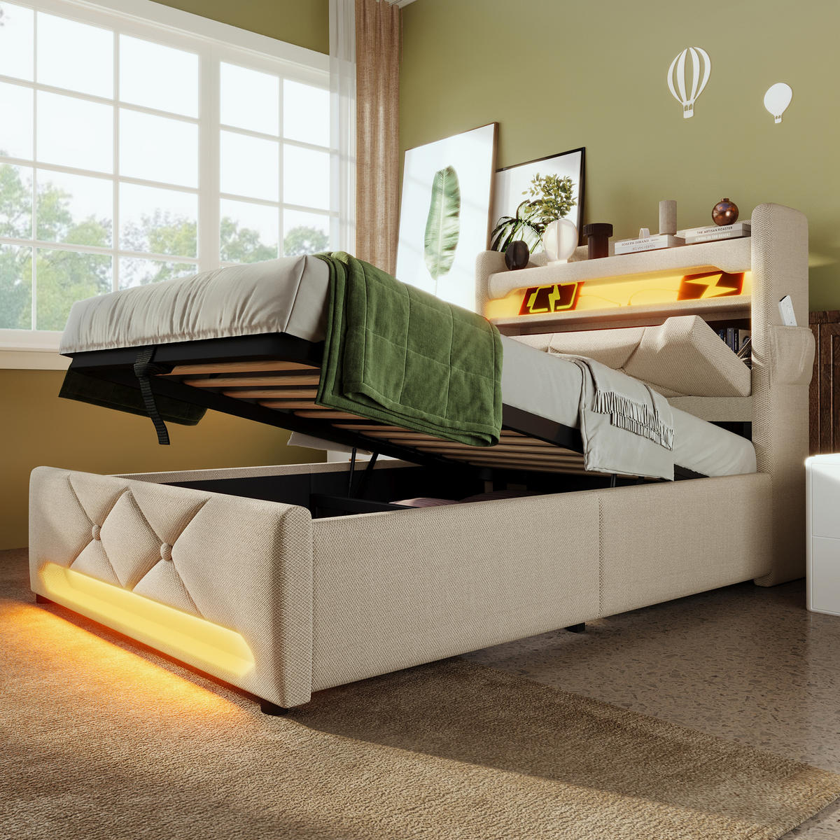 POLSTERBETT 90/200 cm beige Stauraum mit USB-Anschluss und LED-Beleuchtung - Beige, Textil (90/200cm) - OKWISH