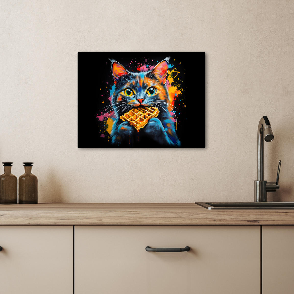 LEINWANDBILD Katze - Graffiti - Bunt - Waffel - Essen 40x30 cm - Türkis, Textil (40/30cm) - MuchoWow