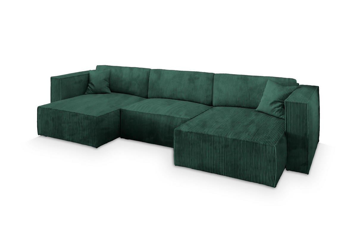 WOHNLANDSCHAFT SARMO P Grün Kordstoff mit Schlaffunktion - Grün, Holz (347/70/148cm) - MASSENO
