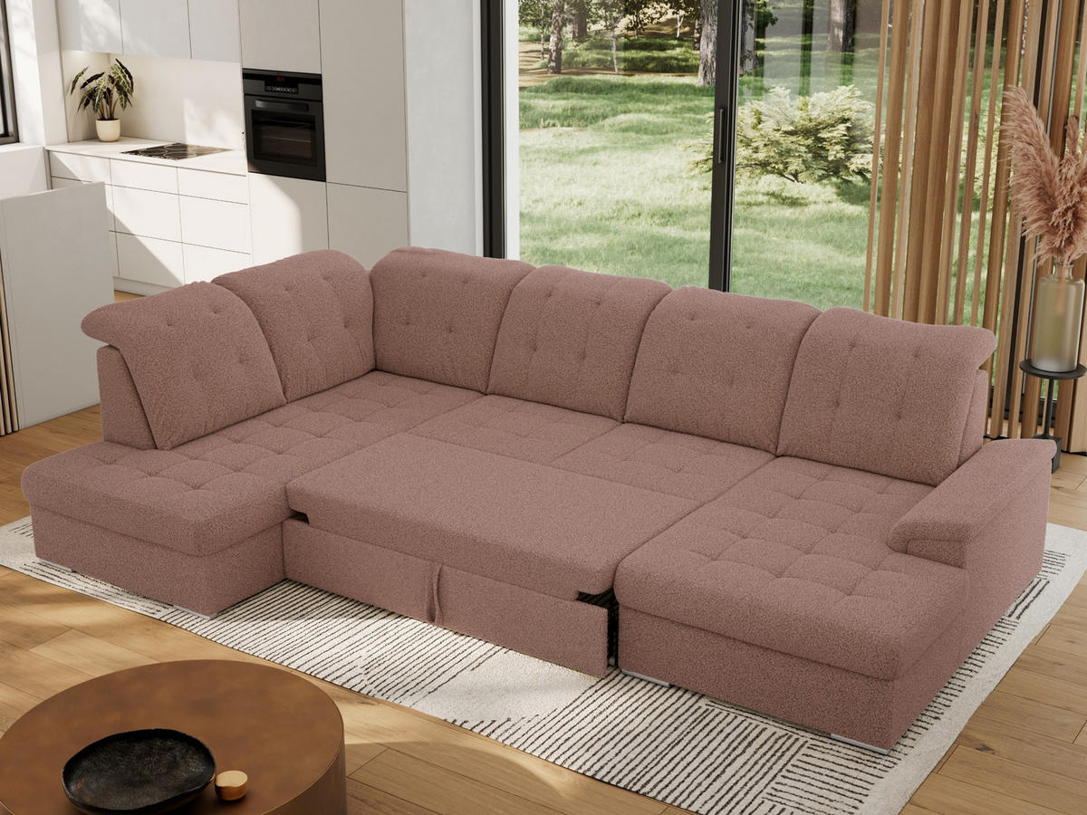 WOHNLANDSCHAFT MADRITO U - Rosa Boucle - Links - Silberfarben/Rosa, Textil/Metall (204/89/323cm) - MKS