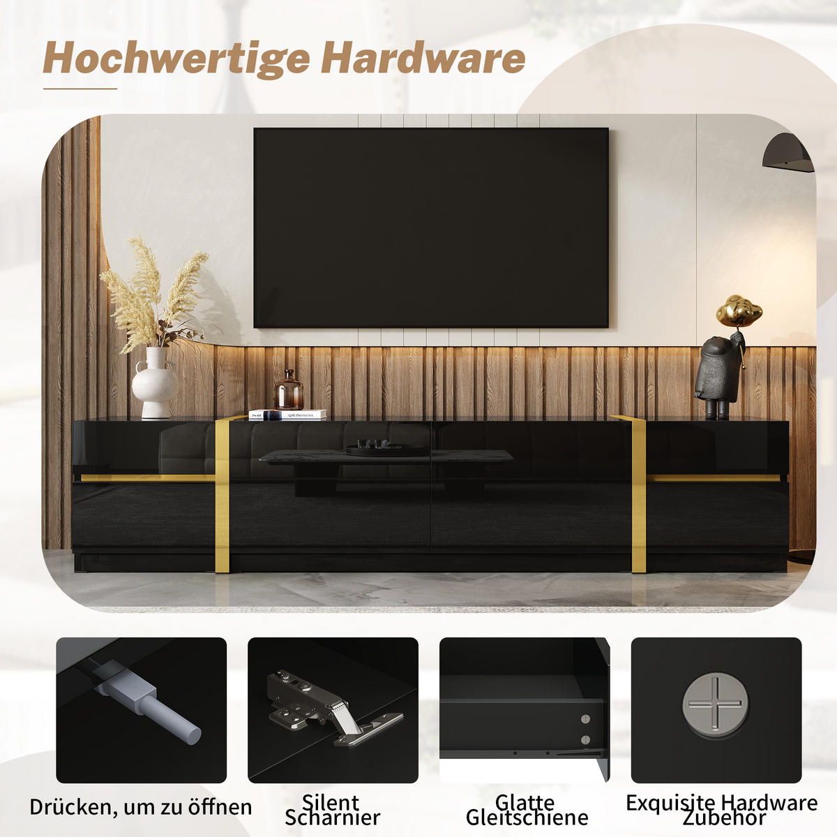 TV-SCHRANK Hochglanz Gold Schubladen Türen modern - Schwarz, Holzwerkstoff (40/38/180cm) - FLIEKS
