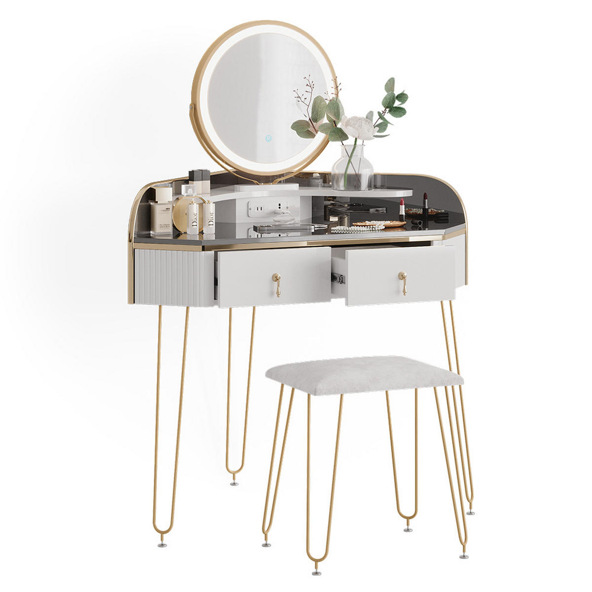 ECKSCHMINKTISCH Amira Weiß Hochglanz 99 cm mit LED Spiegel Hocker und USB - Weiß Hochglanz/Grau, Holzwerkstoff (99/134/70cm) - Vicco