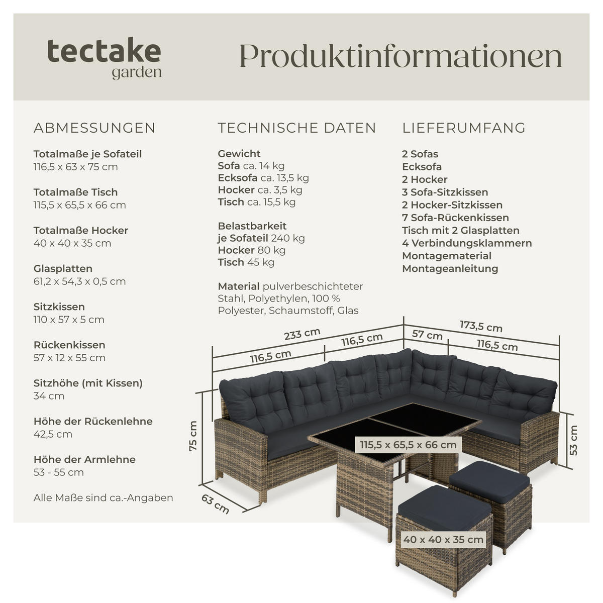 RATTANLOUNGE Barletta,mit Sicherheitsglasplatten,natur - Naturfarben, Kunststoff - tectake