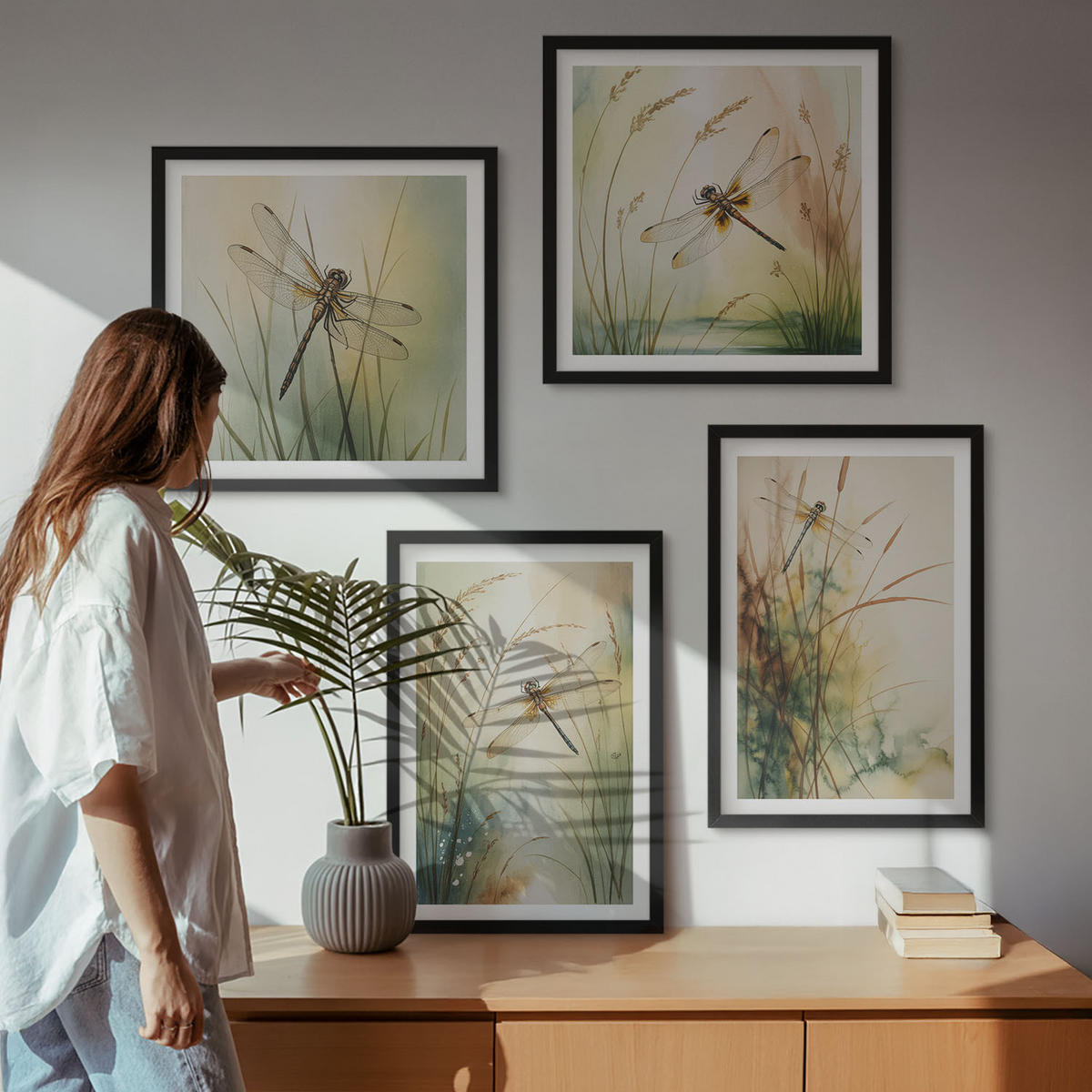 WANDBILDER 4er-Set - 50x50 cm & 40x60 cm Schwarzer Rahmen - Libellengräser über dem Wasser - Schwarz, Kunststoff (50/50cm) - ArtPrintCave
