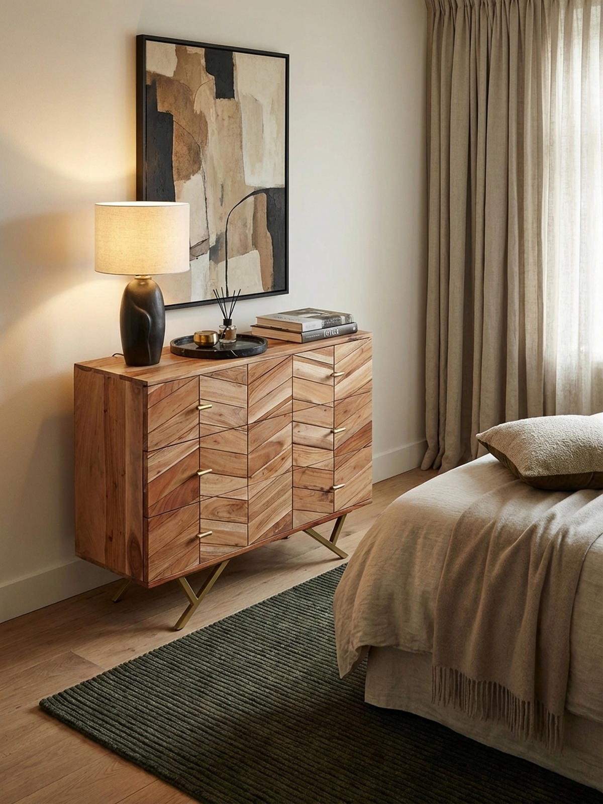 SIDEBOARD – Akazie Massivholz, rustikal, mit Muster, Landhausstil - Beige/Goldfarben, Holz/Metall (90/86/40cm) - KADIMA DESIGN