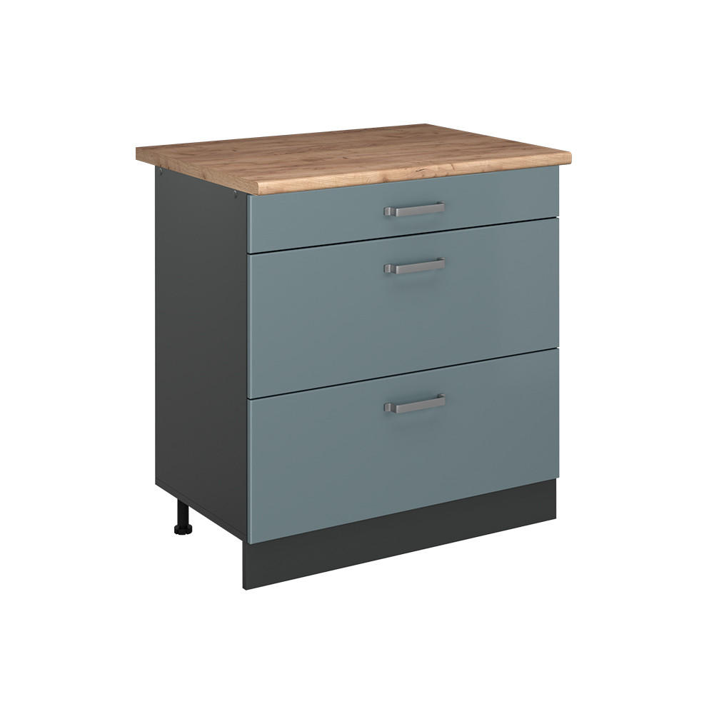 SPODNÍ SKŘÍŇKA KUCHYŇSKÉ LINKY R-Line, Modrošedá/Antracit, 80 cm se 3 zásuvkami pracovná doska Dub Goldkraft - antracitová/šedohnědá, kompozitní dřevo (80/81.6/60cm) - Vicco