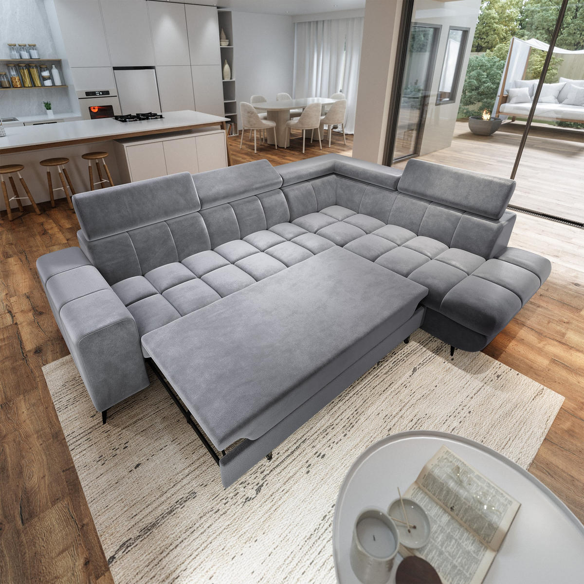 ECKSOFA MORIVA R-S Hellgrau Velours-Stoff mit Schlaffunktion - Hellgrau, Holz (253/190cm) - MASSENO