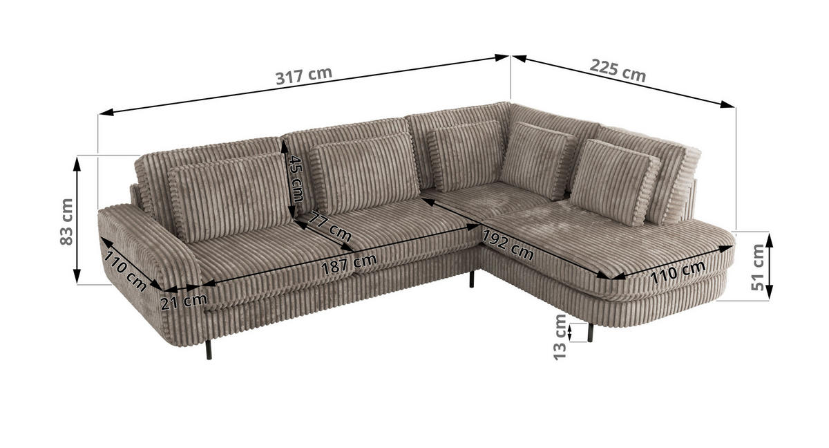ROHOVÁ SEDAČKA CALENO L - Světle hnědá Manšestr - Pravá Strana - černá/světle hnědá, kov/textil (317/225cm) - MKS