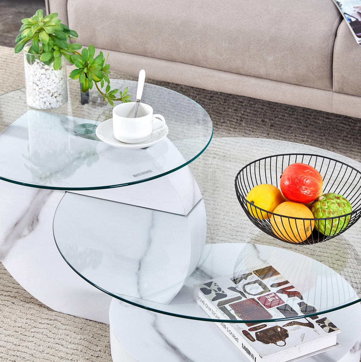 COUCHTISCH 90/70/44 cm mit Sicherheitsglas und mehrstufigen Ablagen, Transparent/Weiß - Weiß, Holzwerkstoff (90/70/44cm) - Redom