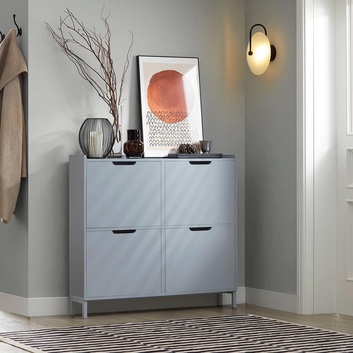 FSR100 Schuhkipper 4 Klappen Schuhschrank schmal Schuhkommode Schuhablage Hellgrau - Hellgrau, Holzwerkstoff/Metall (100/90/19cm)