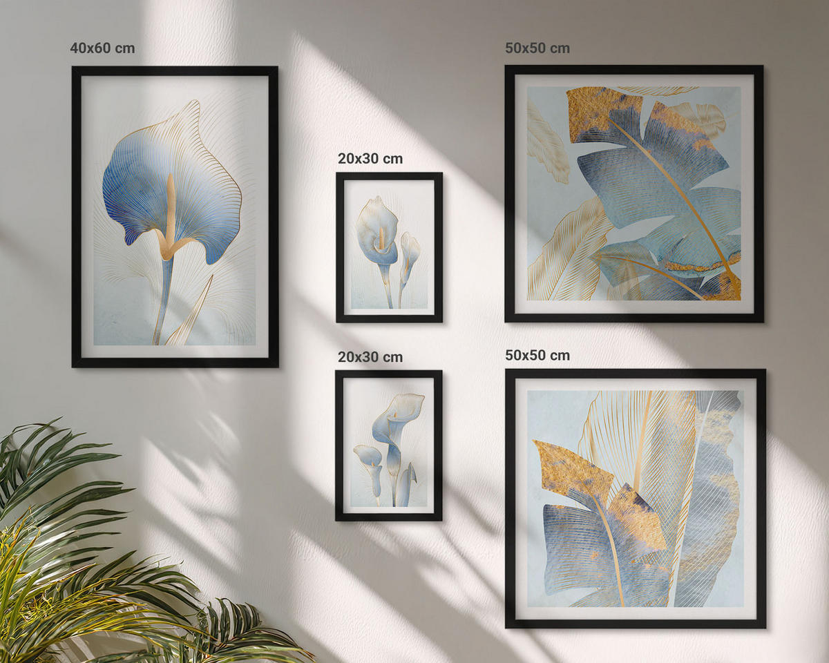 WANDBILDER 5er-Set - 50x50 cm & 20x30 cm & 40x60 cm Schwarzer Rahmen - Blaue Blumen im Hintergrund - Schwarz, Kunststoff (40/60cm) - ArtPrintCave