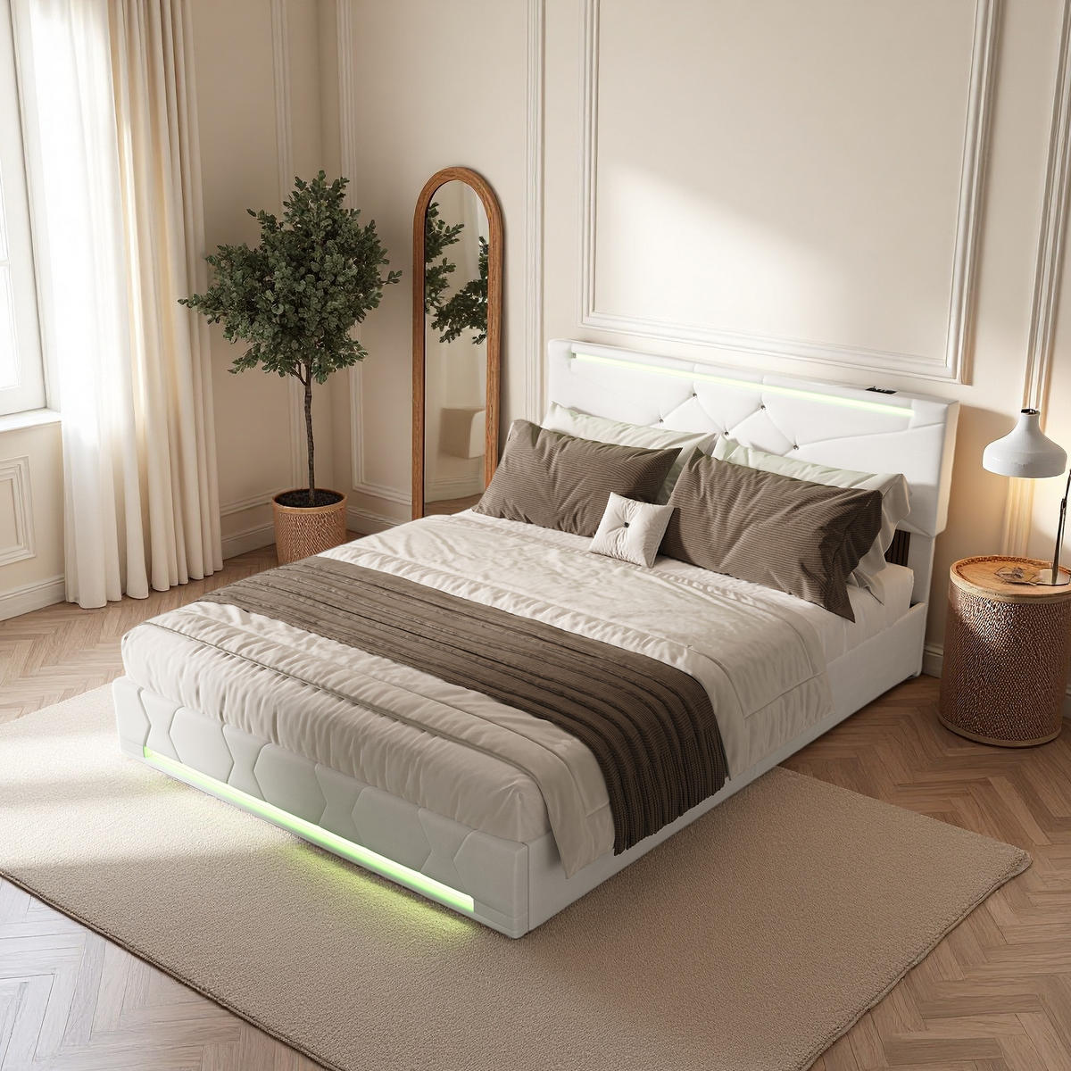 KLÄDD säng 160x200 cm beige linne LED USB sänglåda - Beige, Trä (160/200cm) - SHOPENTRA