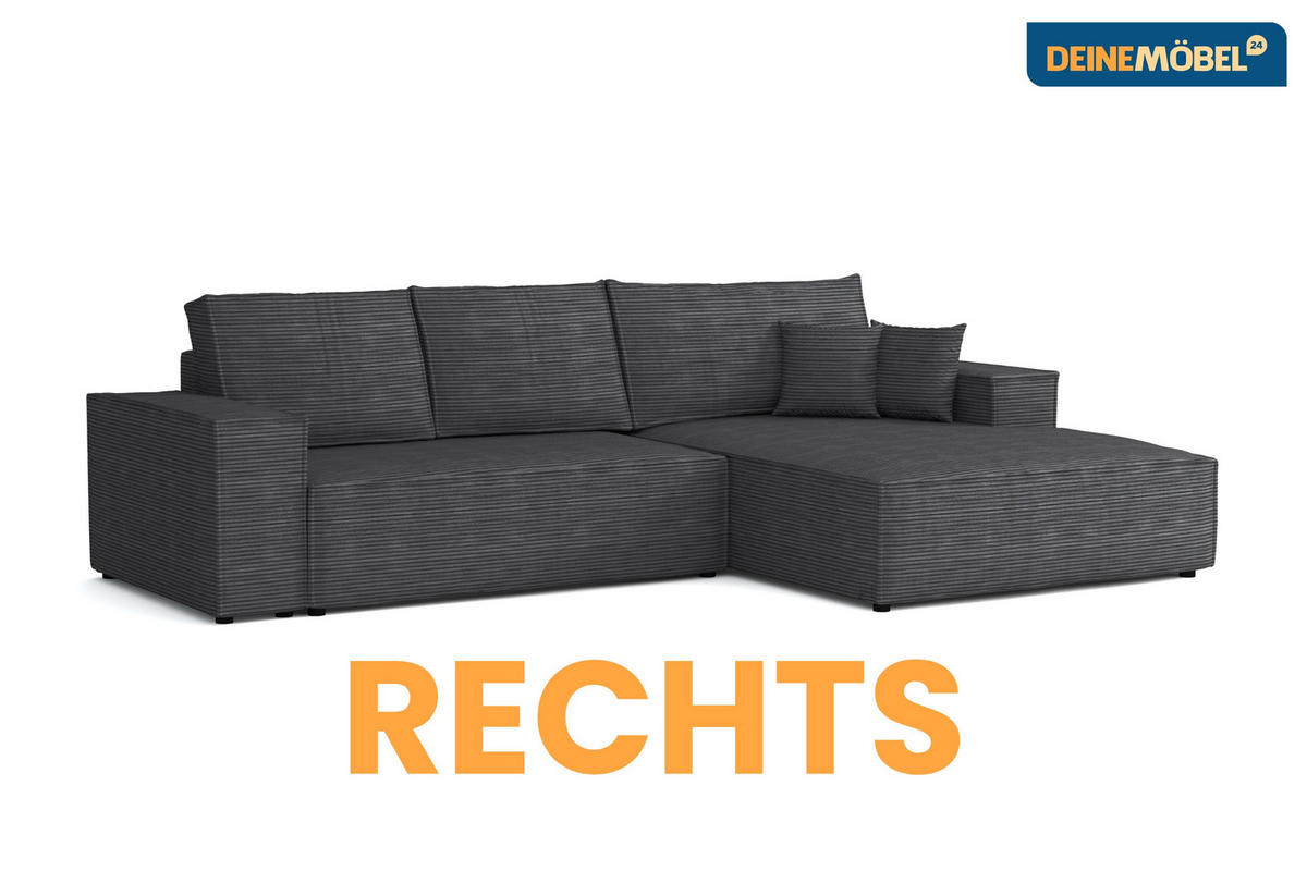 ECKSOFA MARCO 294/185 in Cord Anthrazit mit Schlaffunktion rechts - Anthrazit, Holz/Holzwerkstoff (294/185cm) - Deine Möbel 24