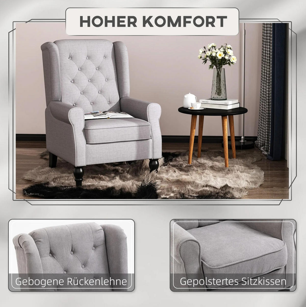 SESSEL mit Knopfheftung 74 x 86 x 102 cm Polyester Grau - Grau, Holzwerkstoff (86/102/74cm) - Meubliv