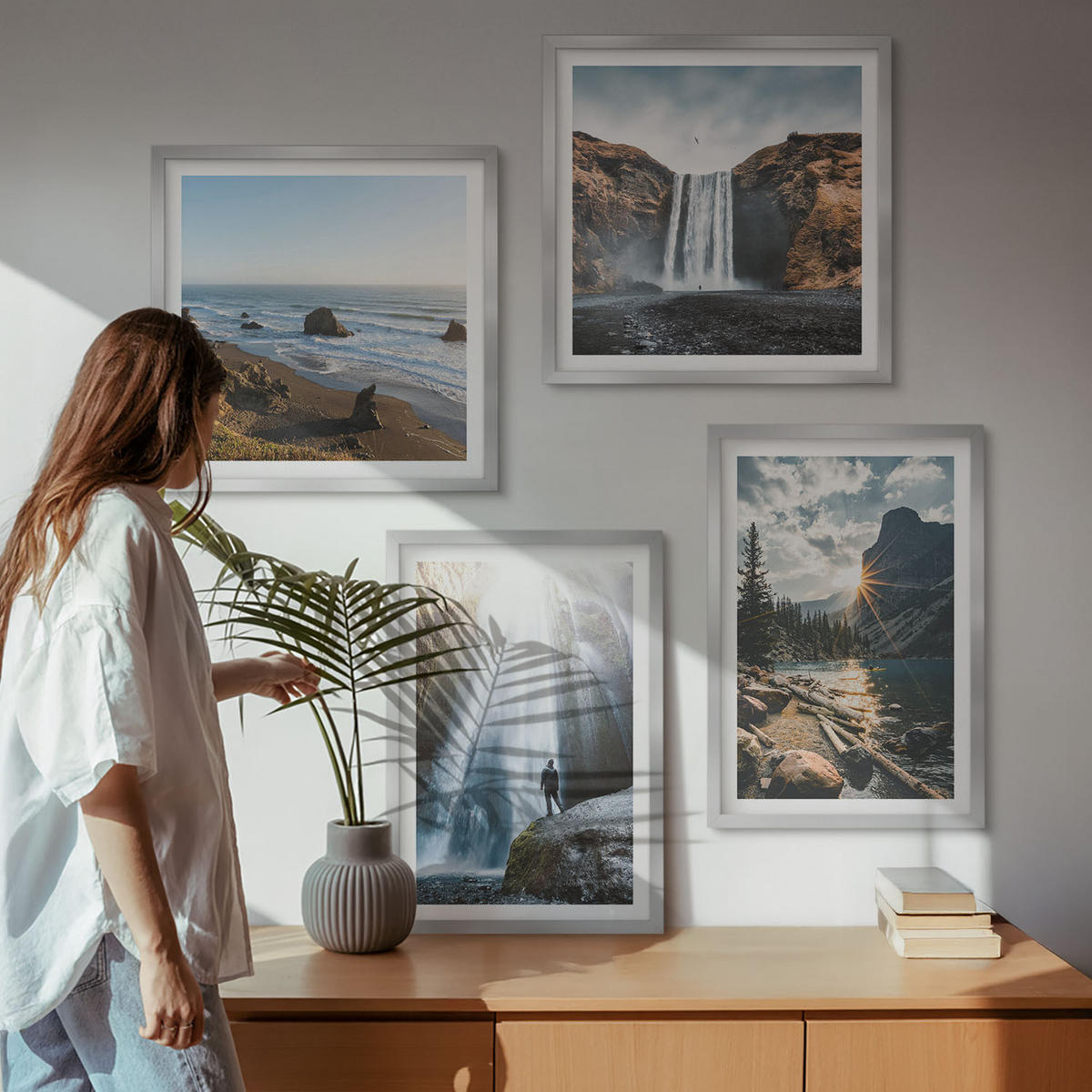 WANDBILDER 4er Set - 50x50 cm & 40x60 cm Silberner Rahmen - Wasserfälle, Berge, Landschaften, Natur - Silberfarben, Kunststoff (50/50cm) - ArtPrintCave