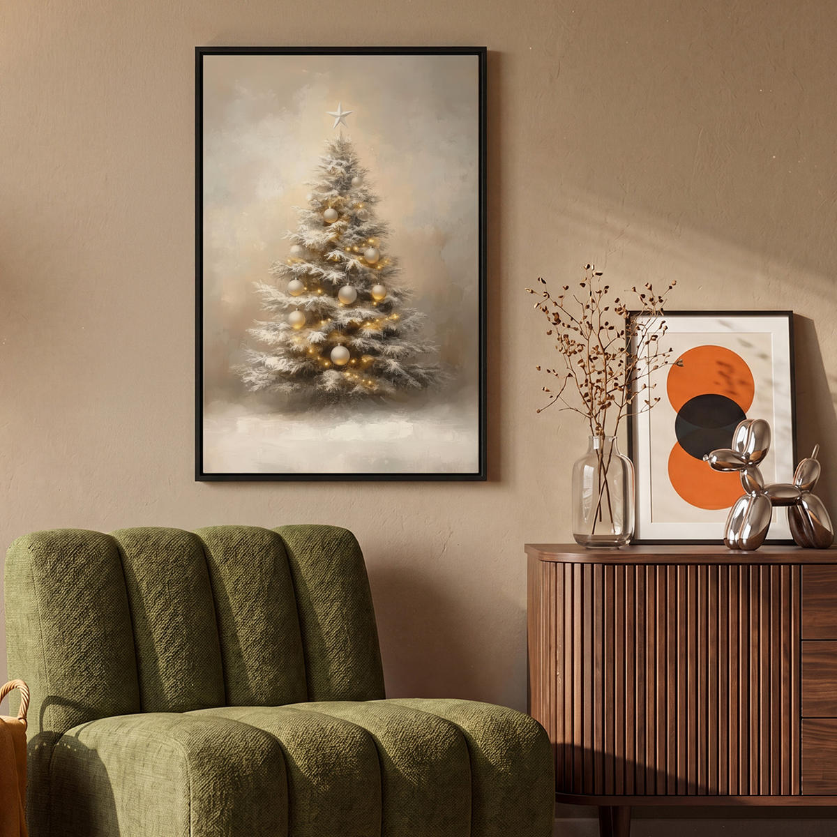 LEINWAND Bilder mit Rahmen - Weihnachten - Weihnachtsbaum - Schnee - Kunst - 60x90 - Champagner, Textil (60/90cm) - MuchoWow