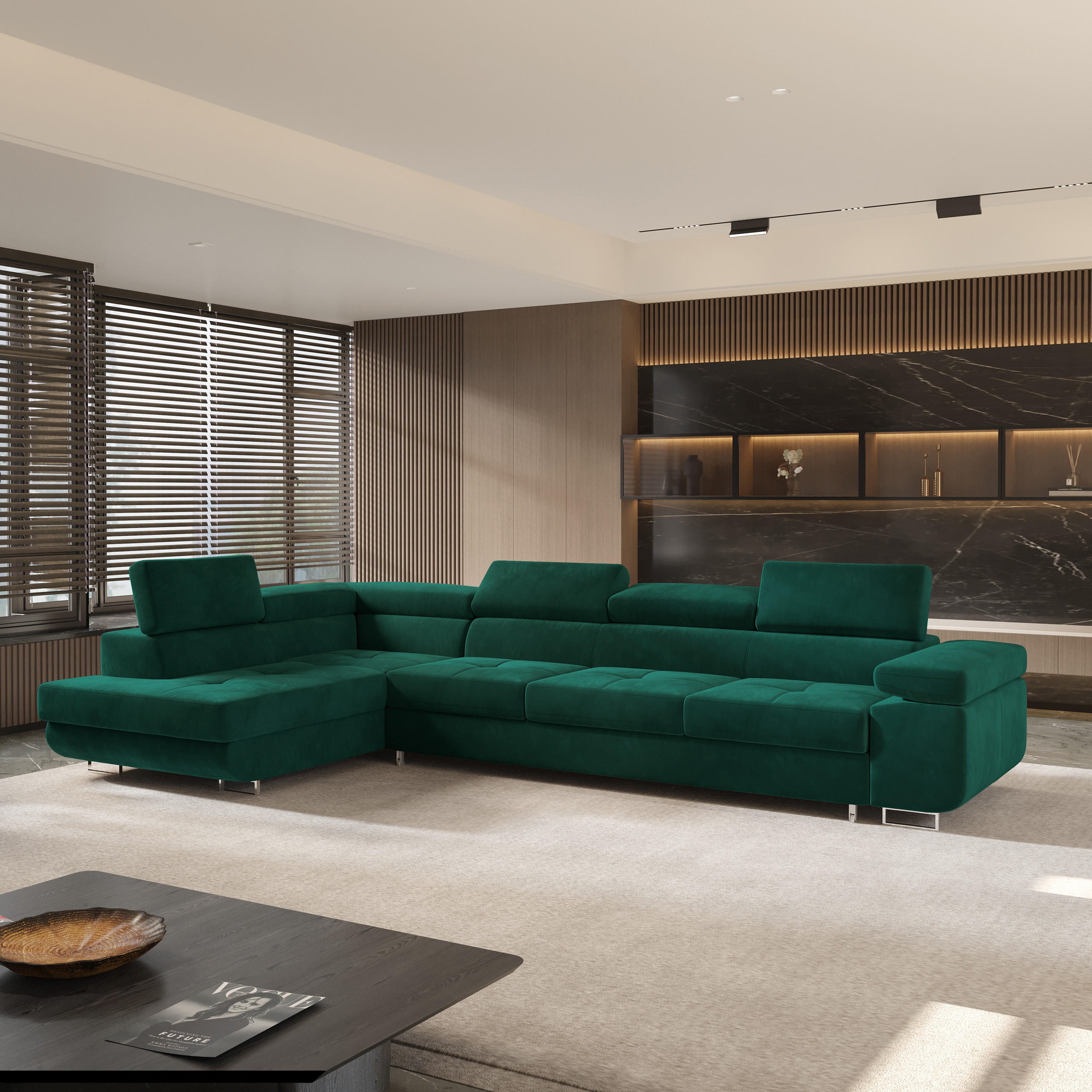 ECKSOFA VICENTE Grün Velours-Stoff mit Schlaffunktion - Grün, Holz (346/202cm) - MASSENO