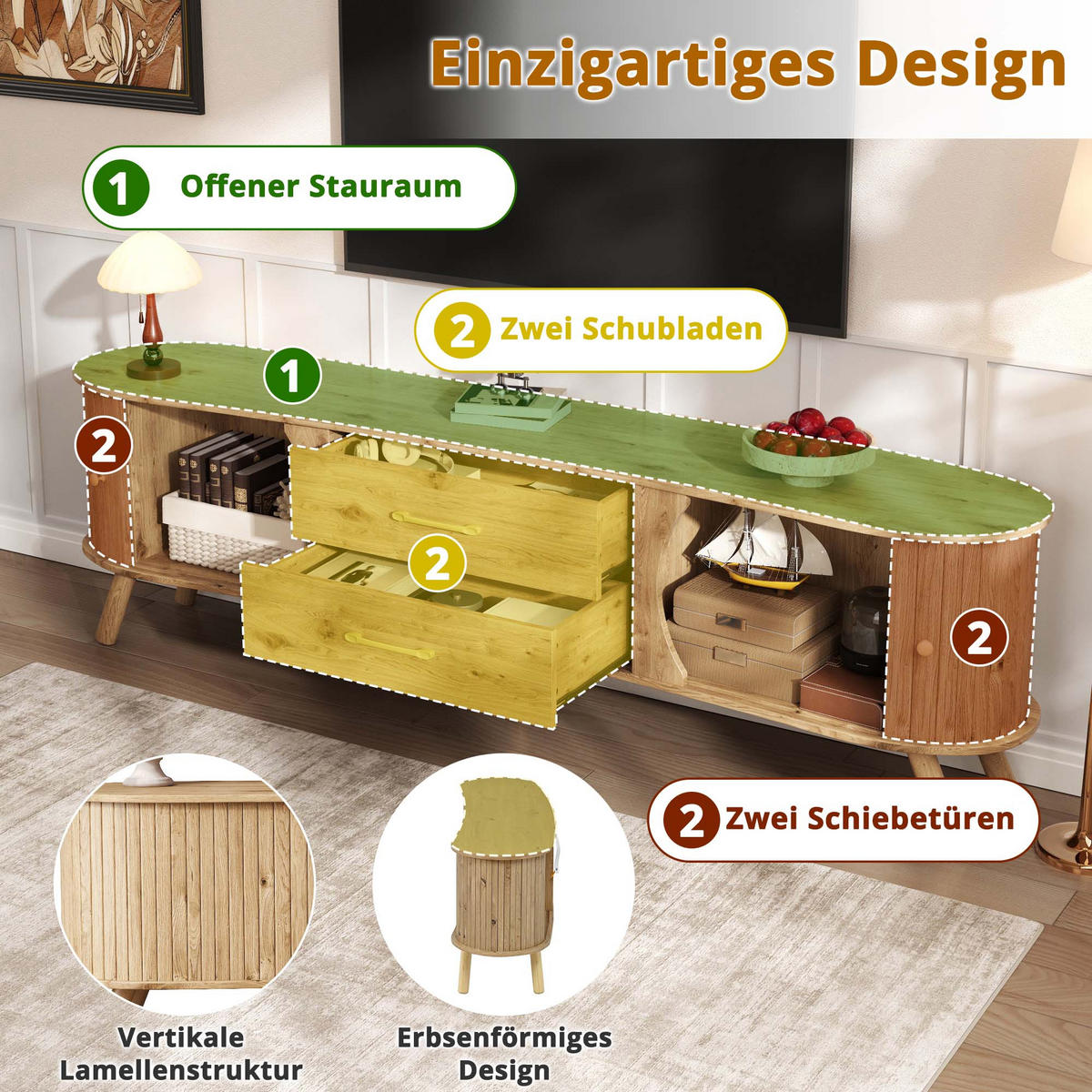 TV-SCHRANK Skandi Holzoptik Schiebetüren Schubladen MDF - Naturfarben, Holzwerkstoff (36.5/55/160cm) - FLIEKS