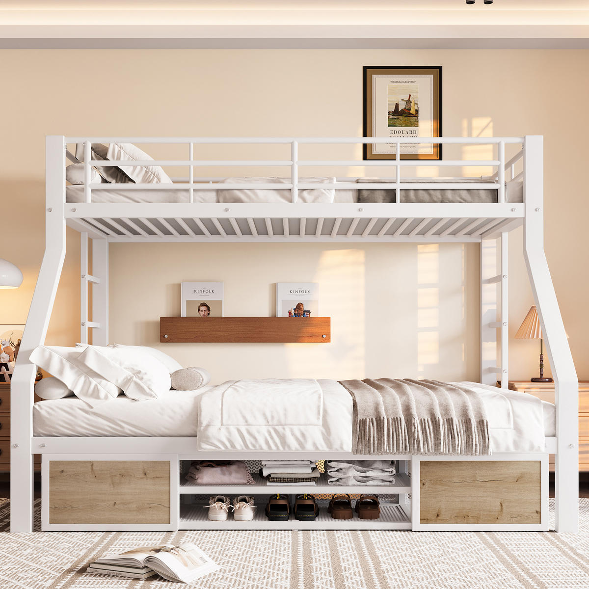 ETAGENBETT 90x200cm + 140x200cm Weiß Kinderbett Schuhschrank EN747 - Weiß, Metall (140/200cm) - FLIEKS