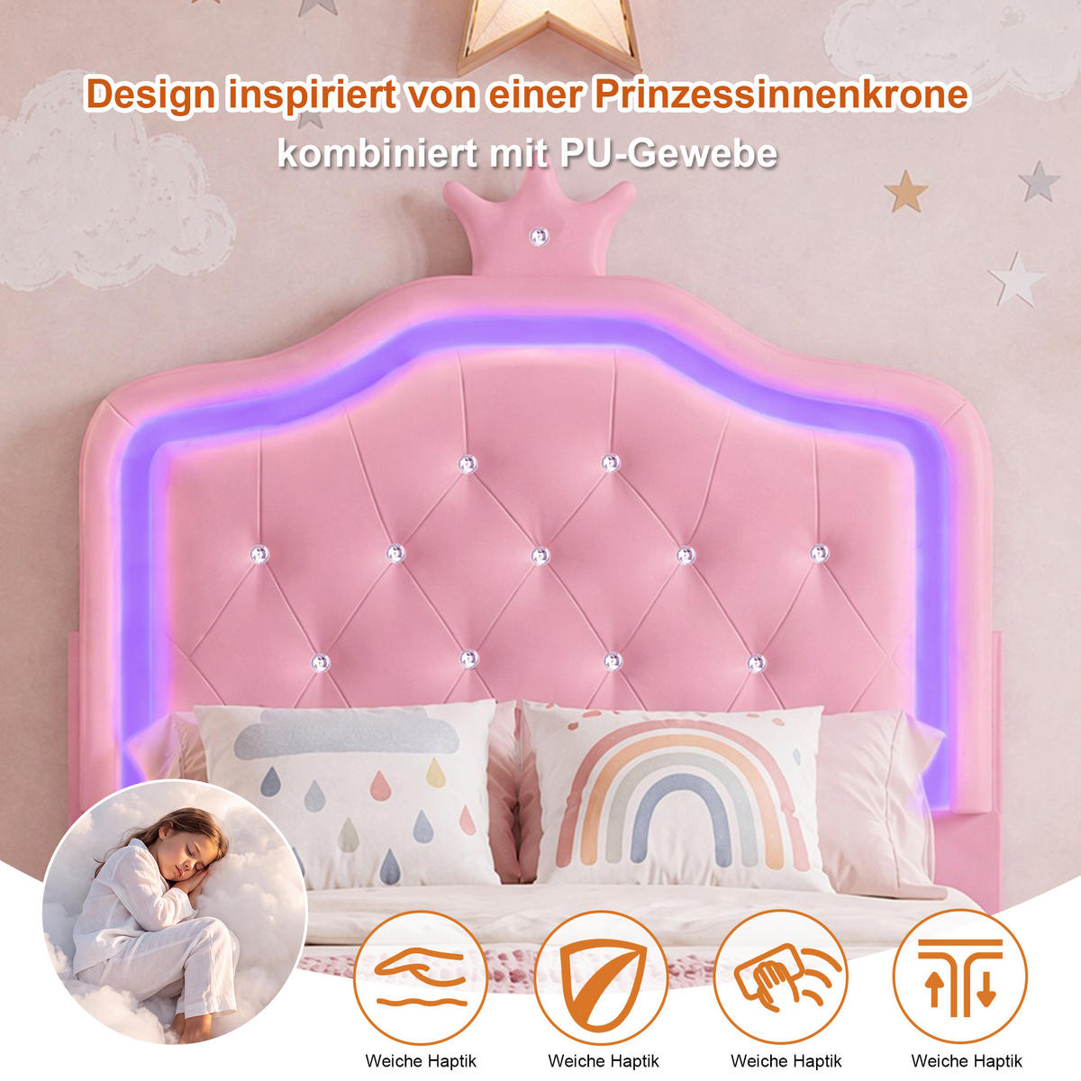 POLSTERBETT Princess Crown 90x200 cm mit höhenverstellbarem Kopfteil, PU, Lattenrost & LED-Beleuchtung, Rosa - Pink, Leder/Holz (90/200cm) - BursDany
