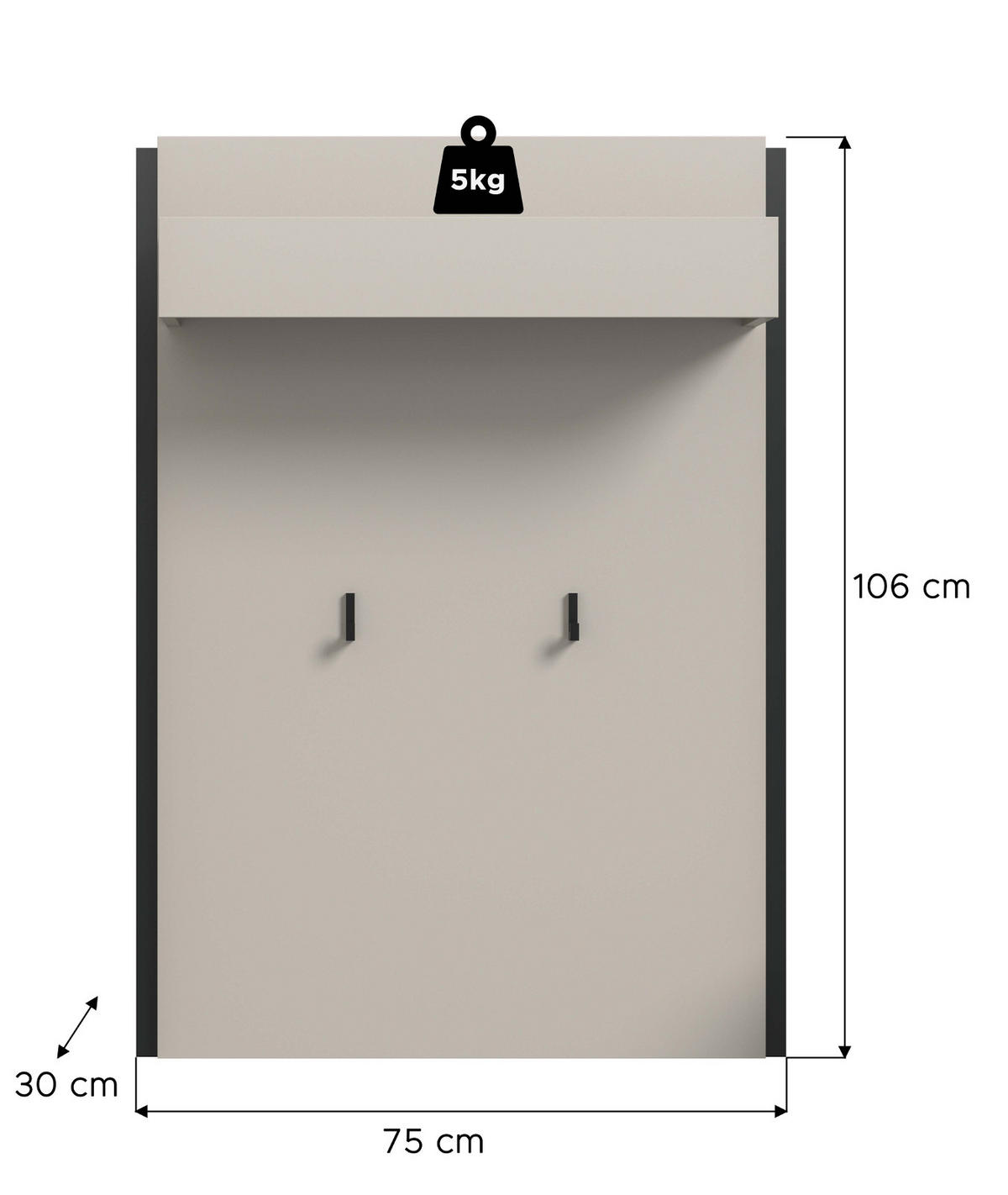 GARDEROBENPANEEL Kaschmir 75 x 106 cm, Wandgarderobe mit Kleiderstange - Kaschmir/Schwarz, Holzwerkstoff (75/106/30cm) - Inn.Furn