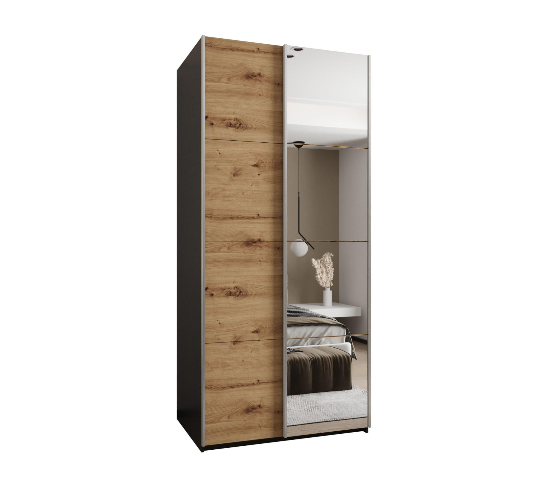 Abiks Möbel Schwebetürenschrank Schwarz, Eiche Artisan, Silber 110x245x64 cm