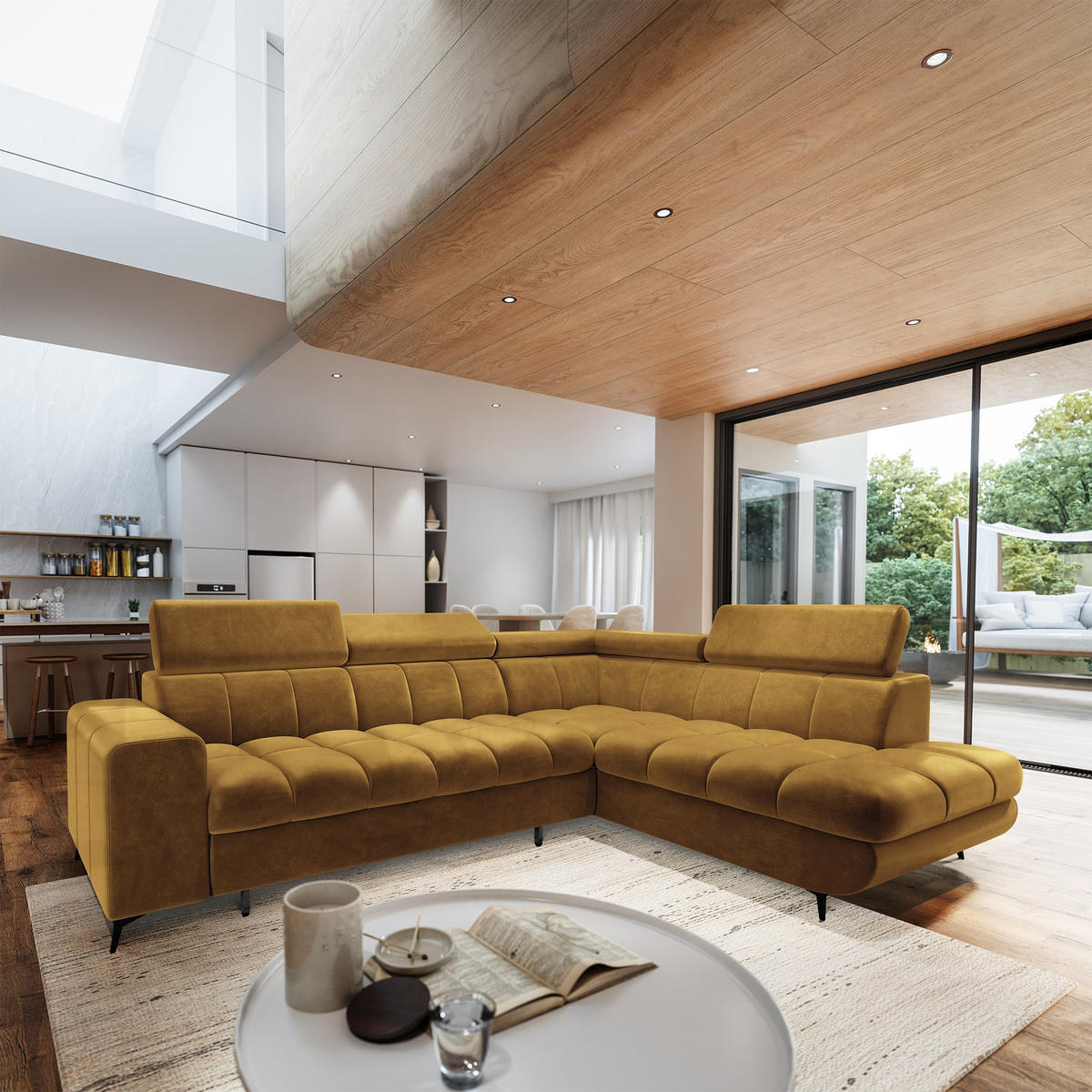 ECKSOFA MORIVA R-S Gelb Velours-Stoff mit Schlaffunktion - Gelb, Holz (253/190cm) - MASSENO