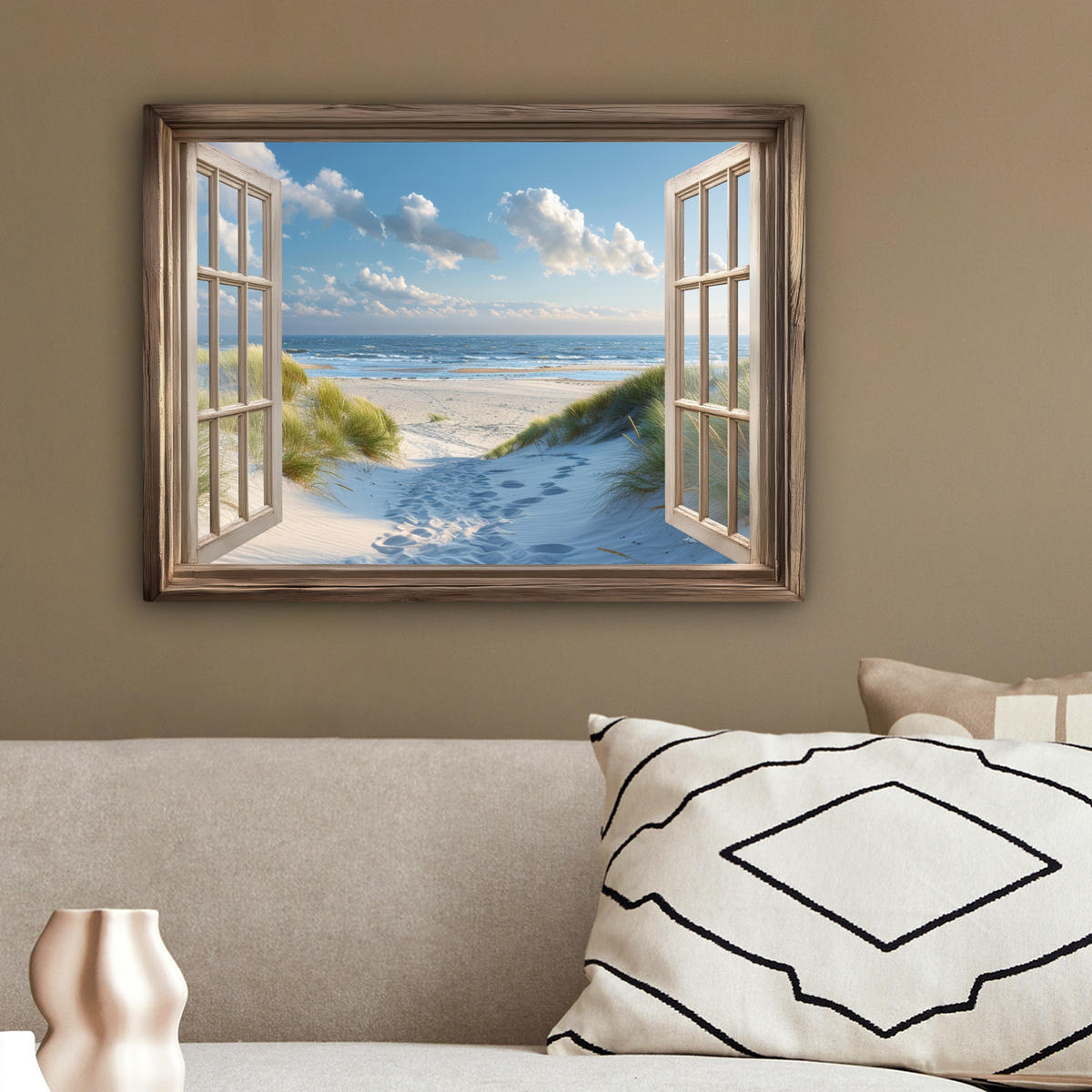 LEINWANDBILD Aussicht - Strand - Fenster - Dünen - Meer 40x30 cm - Hellblau, Textil (40/30cm) - MuchoWow