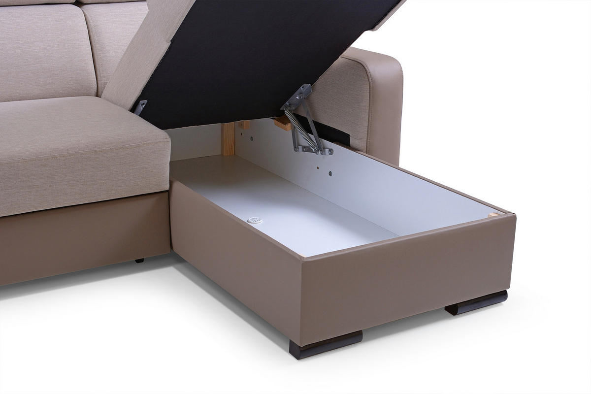 WOHNLANDSCHAFT PALAZZO Beige Geflochtener Stoff mit Schlaffunktion - Beige, Holz (337/97/184cm) - MASSENO