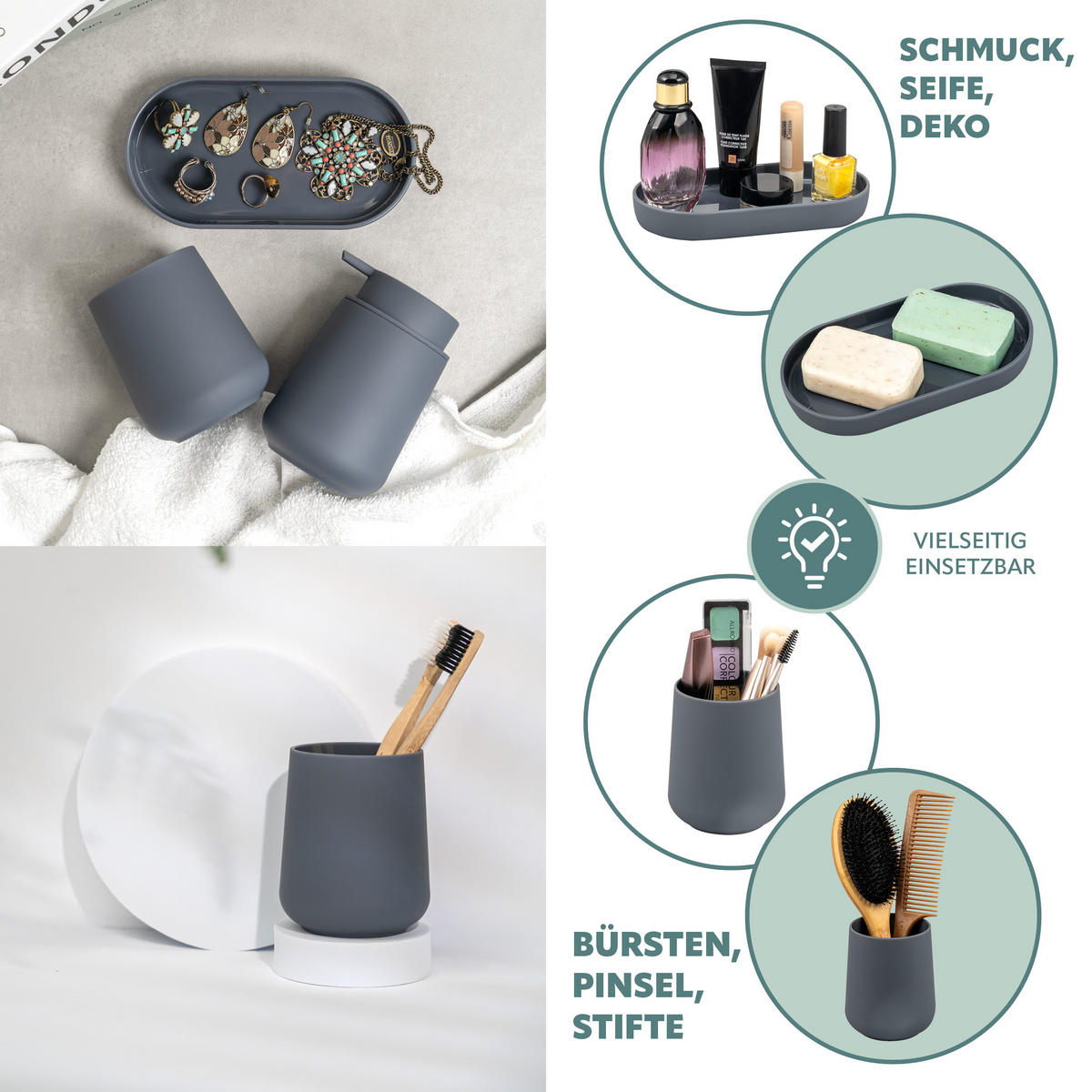 BAD-ACCESSOIRES-SET TESERO, Soft-Touch, grau - Grau, Kunststoff (18.5/13.5/10cm) - eluno