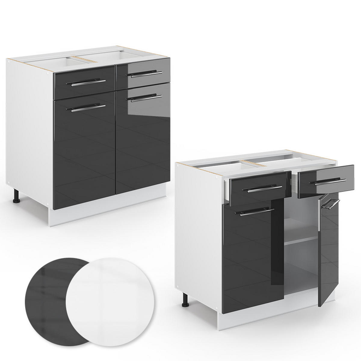 KÜCHENUNTERSCHRANK Fame-Line Anthrazit Hochglanz 80 cm, AP Marmor - Anthrazit/Weiß, Holzwerkstoff (80/82/60cm) - Vicco