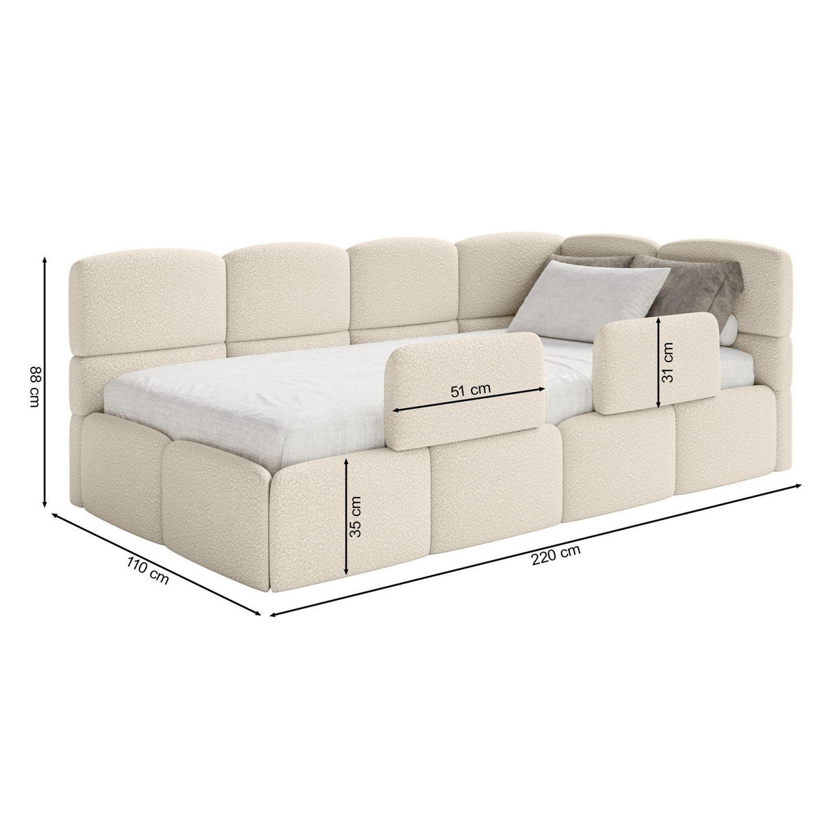 JUGENDBETT Cloudy links mit Rausfallschutz Bouclé Grau - Grau, Kunststoff/Textil (90/200cm) - Selsey