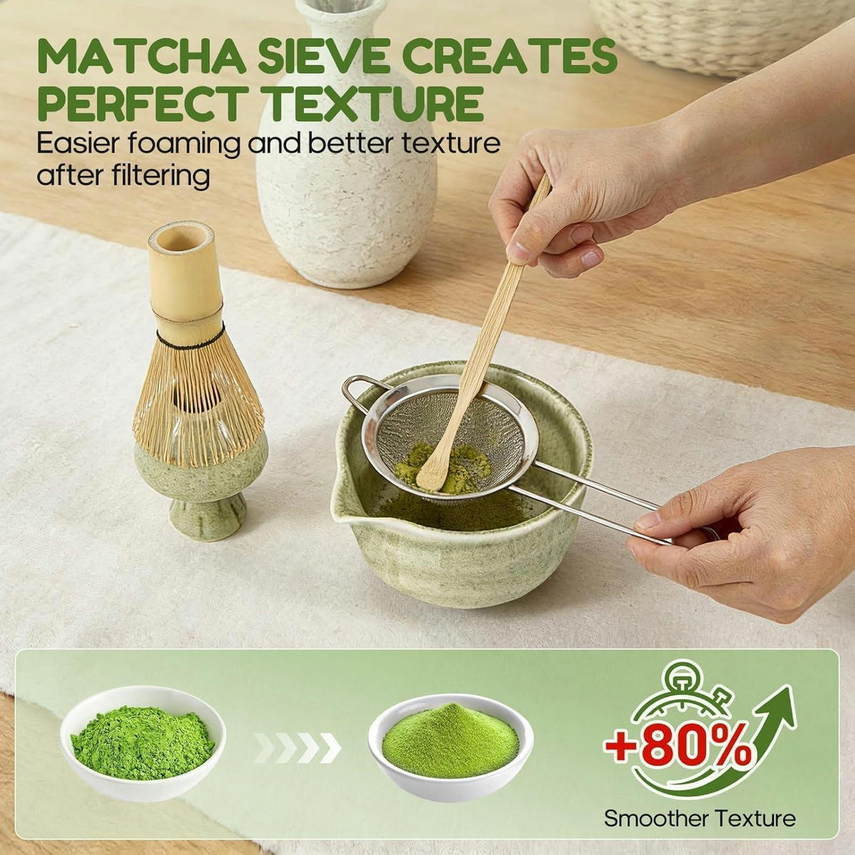 MATCHA Set 6-teilig Grün mit Bambusbesen und Schale - Grün, Naturmaterialien (15/10/15cm)
