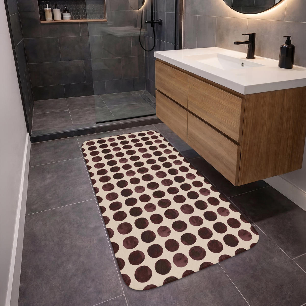KOUPELNOVÁ PŘEDLOŽKA Puntíky - Vzor - Hnědý 60x120 cm - bordeaux, textil/plast (60/120cm)