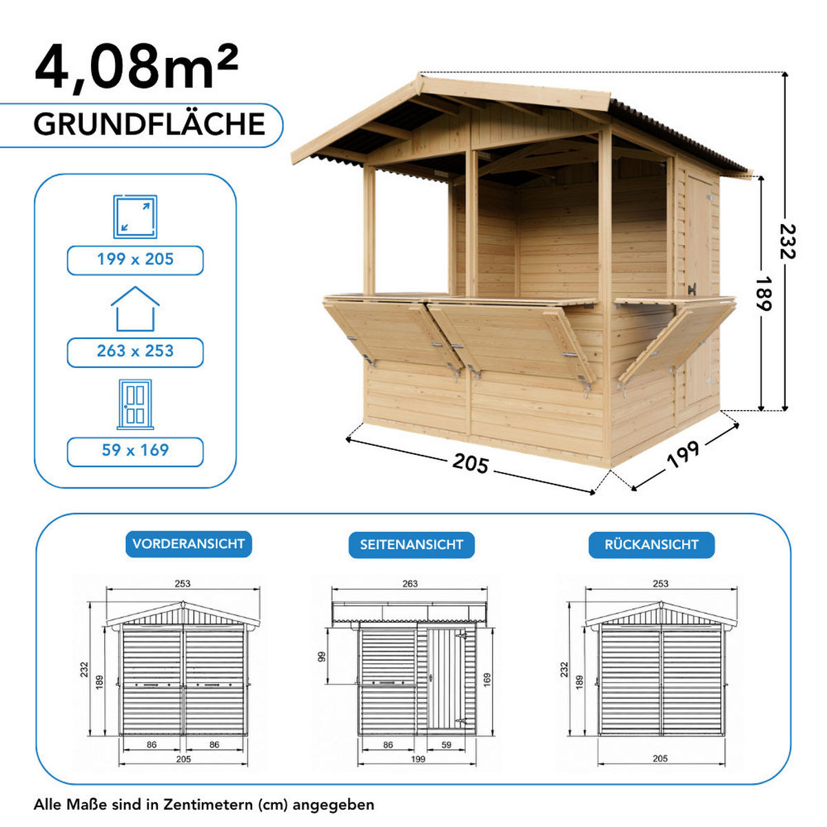 VERKAUFSSTAND aus Holz 4 m², zerlegbarer Marktstand mit 4 Verkaufsfenstern für Märkte, Messen und Events - Naturfarben, Holz (253/232/263cm) - Timbela