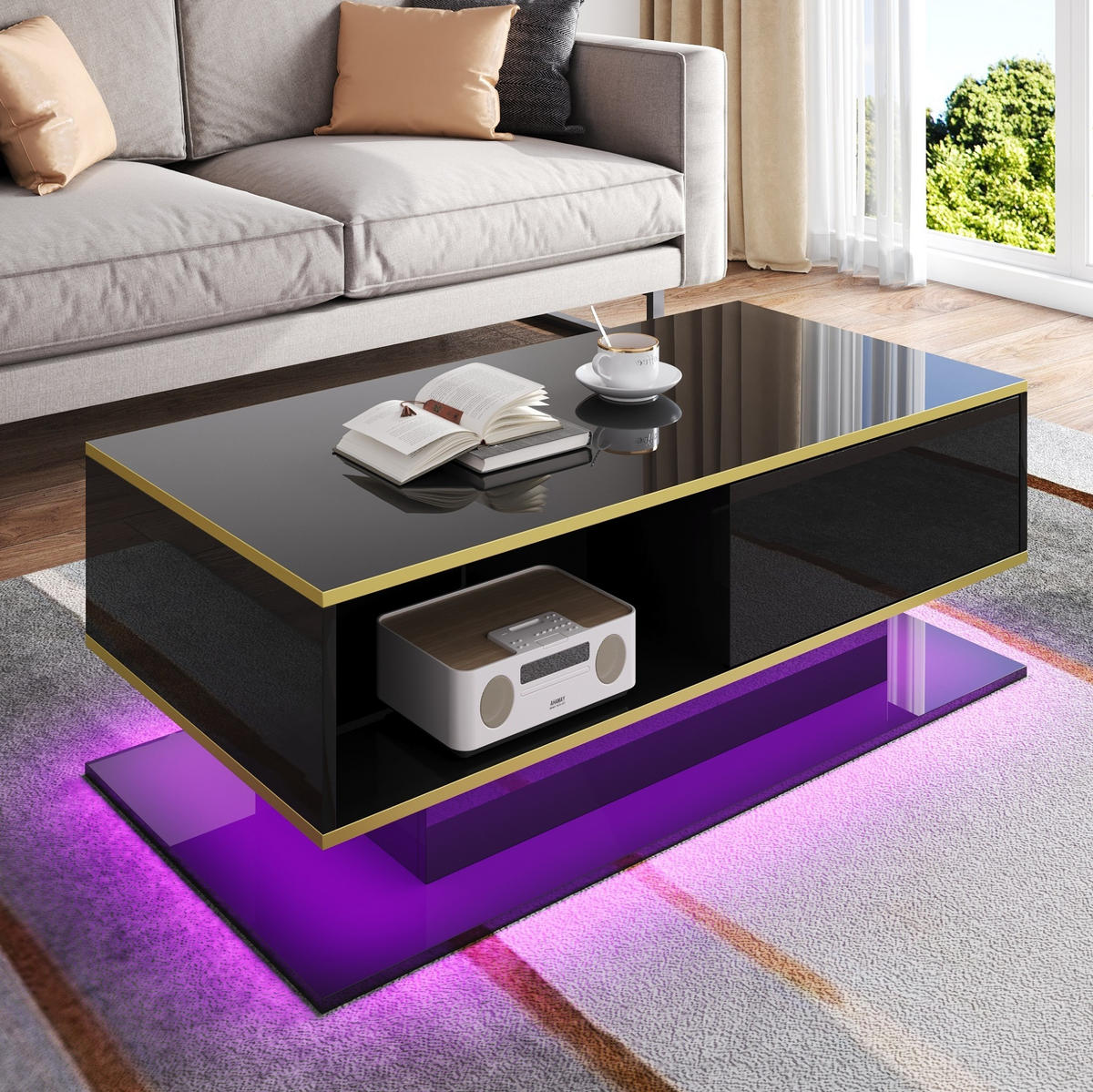 COUCHTISCH 100/50/40 cm in Schwarz/Gold mit LED-Beleuchtung und 3 Schubladen - Schwarz, Holzwerkstoff (100/50/40cm) - Flora Grace