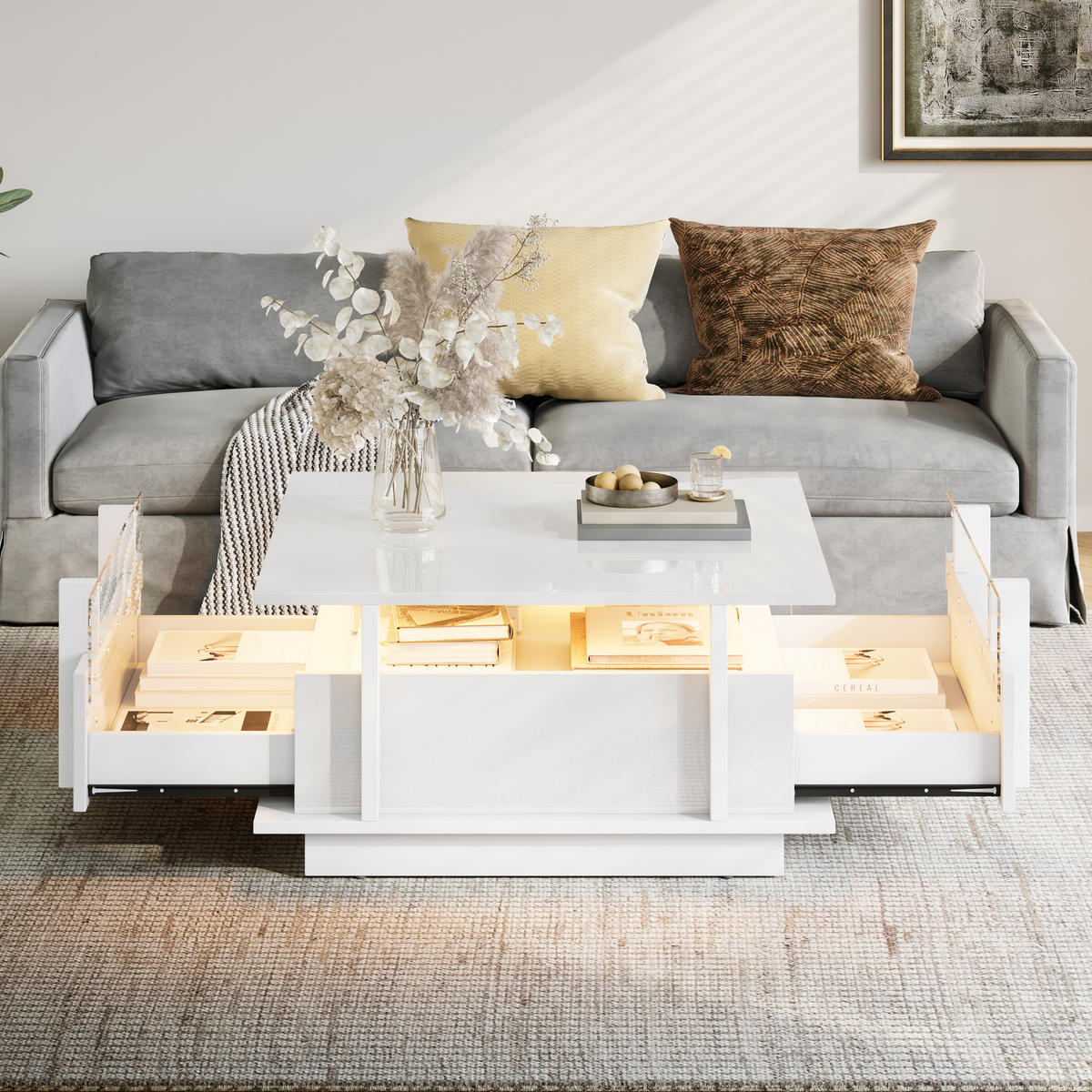 COUCHTISCH 70/70/35 cm Weiß aus Holzwerkstoff mit LED-Beleuchtung und 2 Schubladen - Weiß, Holzwerkstoff (70/70/35cm) - OKWISH