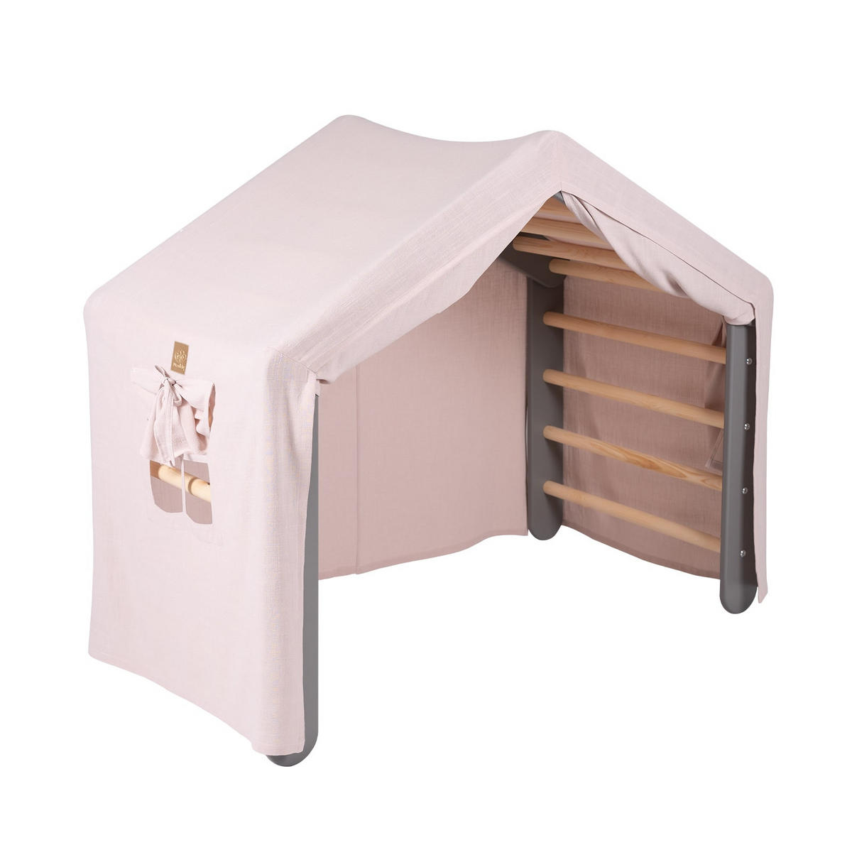 KLETTERDREIECK Großes Haus für Kinder mit Rosa Dach, Zarter Stoff, Montessori, Grau - Rosa/Grau, Holz (112/94/61cm) - MeowBaby