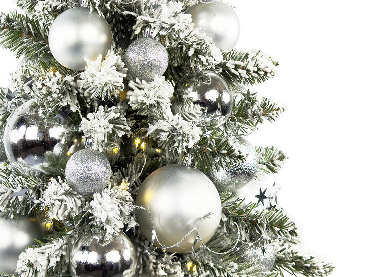 WEIHNACHTSBAUM künstlicher 60 cm – SILBERNE WEIHNACHTEN II, mit 34-teiligem Weihnachtsbaumschmuck, mit LED-Beleuchtung, inkl. Pflanztopf mit Jutesack - Silberfarben/Weiß, Kunststoff/Stein (40/60cm) - LAALU