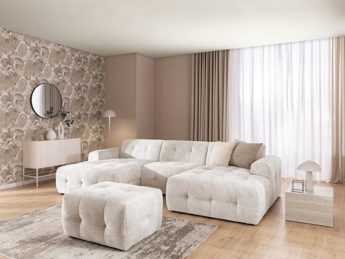 WOHNLANDSCHAFT inkl. Hocker Kozy im Bumpy-Design mit Schlaffunktion und fester Rückenlehne aus weichem Beige Chenille-Stoff - Beige/Creme, Holz/Kunststoff (323/79/161cm) - S-Style Möbel