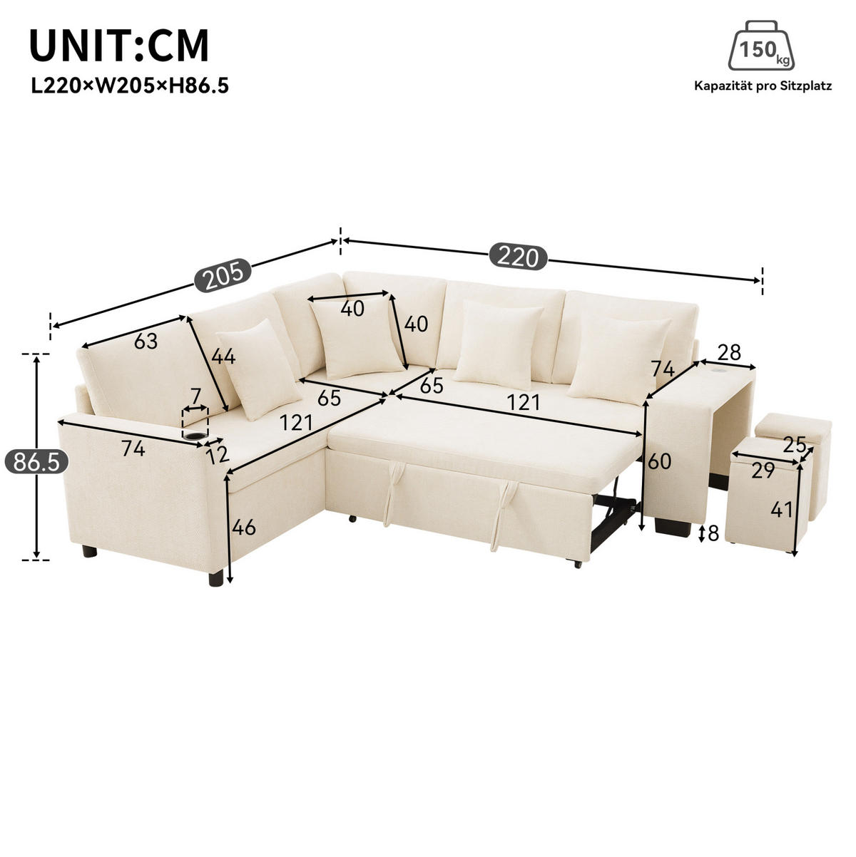 ECKSOFA 220/205/86,5 cm beige aus Chenille mit Schlaffunktion - Beige, Textil (205/220cm) - OKWISH